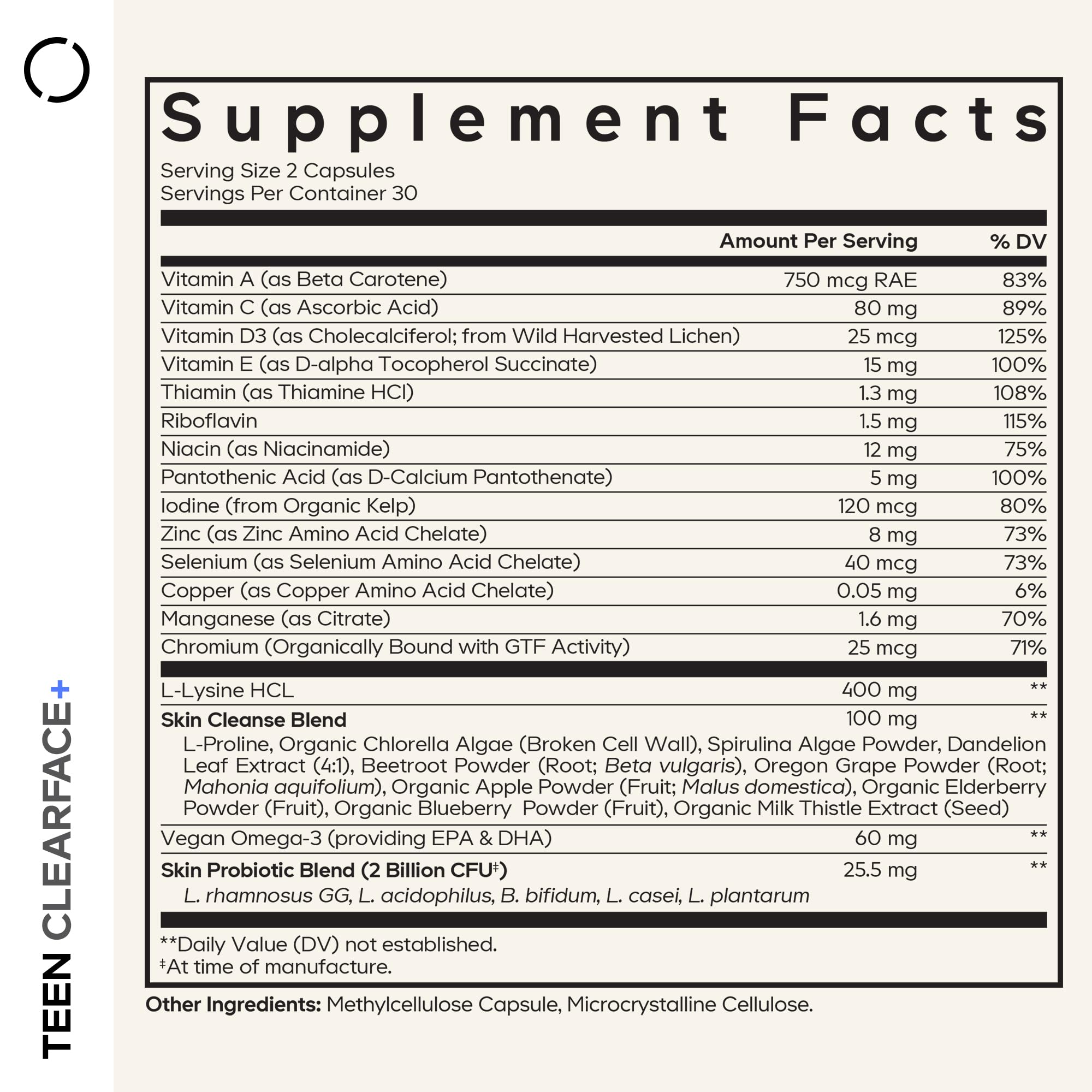 Codeage Teen Clearface Adolescent Face, Skin & Pimples, Vitamins A, C, D3, E, Pantothenic Acid, Niacin, Zinc Supplement Teenagers, Probiotics, L-Lysine, Omega-3, Oily Skin, Pores, Spots - 60 Capsules