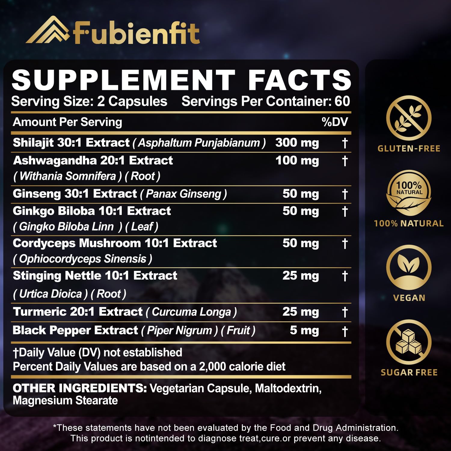 Fubienfit Shilajit Capsules - Premium Shilajit for Men - with Ashwagandha Ginseng and More Fulvic Acid for Men/Women - 120 Capsules