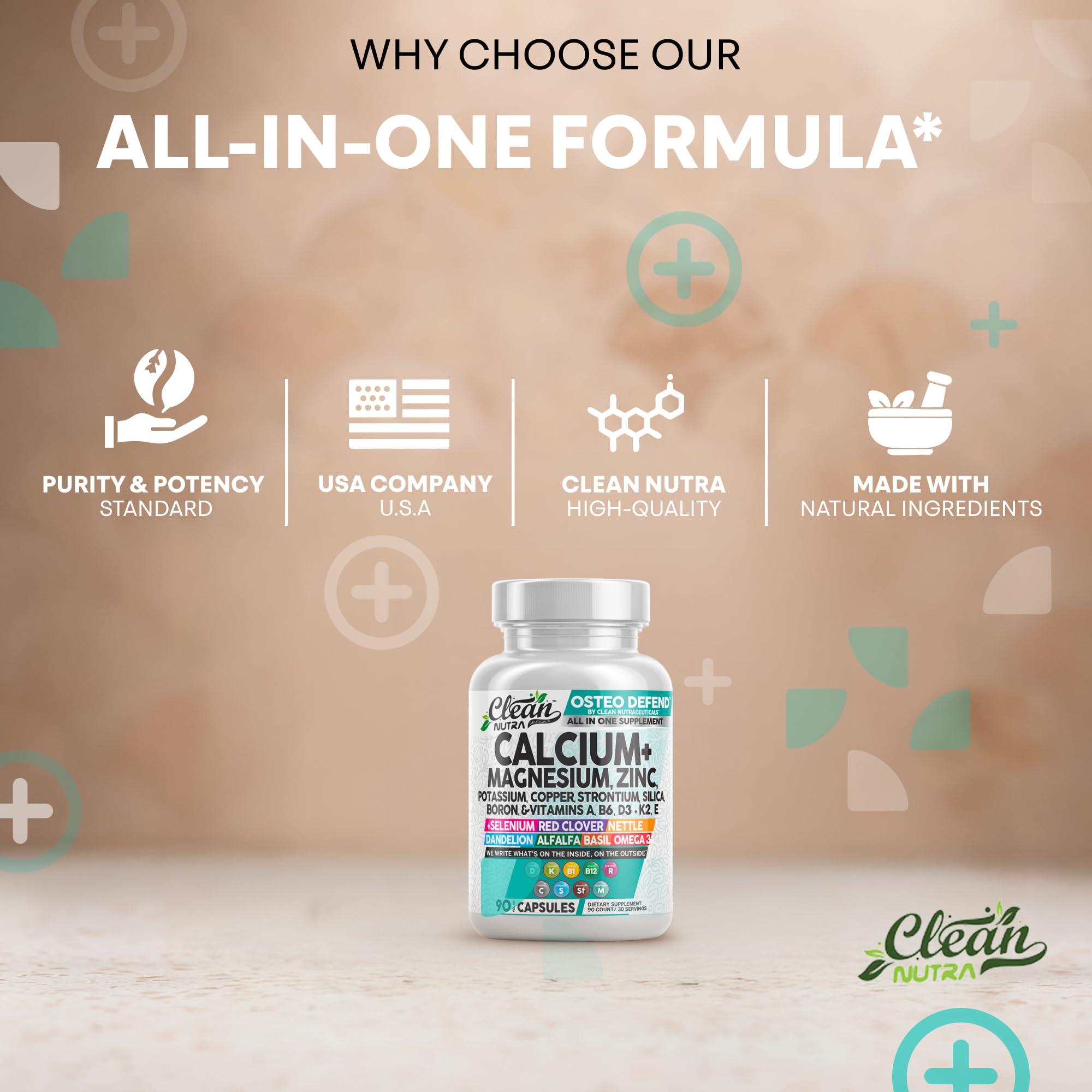Allin1 Calcium Magnesium Zinc Supplement with Potassium, Copper, Strontium, Silica, Vitamin D3 K2, Boron, Vitamin B1 B12 Red Clover Herb Alfalfa Basil Pills for Men & Women Clean Nutra Osteo Defend