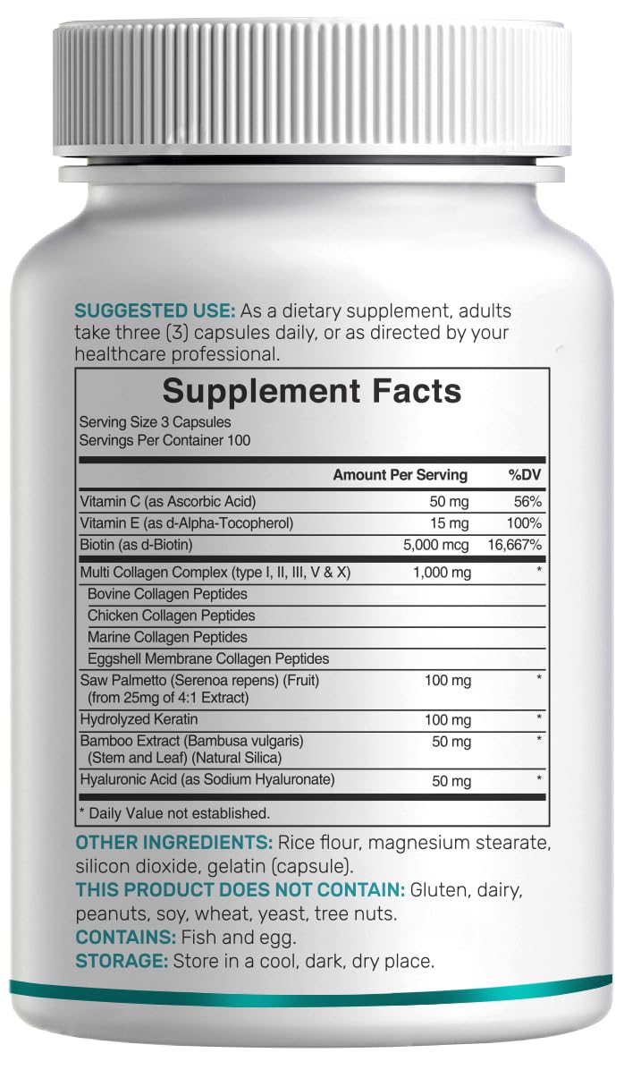 Multi Collagen Pills for Women & Men with Vitamin C, E & Biotin, 300 Capsules – Type I, II, III, V, X Hydrolyzed Collagen Peptides – 11 in 1 Formula with Saw Palmetto, Bamboo Silica, & Hyaluronic Acid