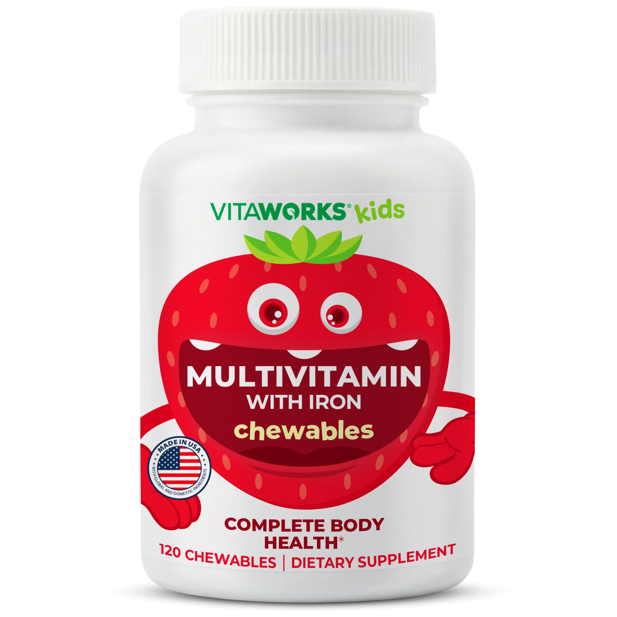 VitaWorks Kids Multivitamin with Iron & Minerals Chewable Tablets - Mixed Fruit Flavor - Vegetarian, GMO-Free, Nut Free - Dietary Supplement - Digestive Support for Children - 120 Chewables",
