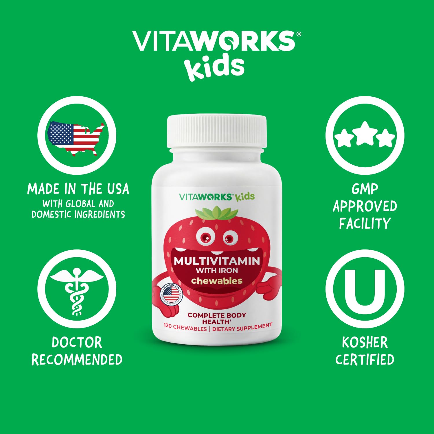 VitaWorks Kids Multivitamin with Iron & Minerals Chewable Tablets - Mixed Fruit Flavor - Vegetarian, GMO-Free, Nut Free - Dietary Supplement - Digestive Support for Children - 120 Chewables",