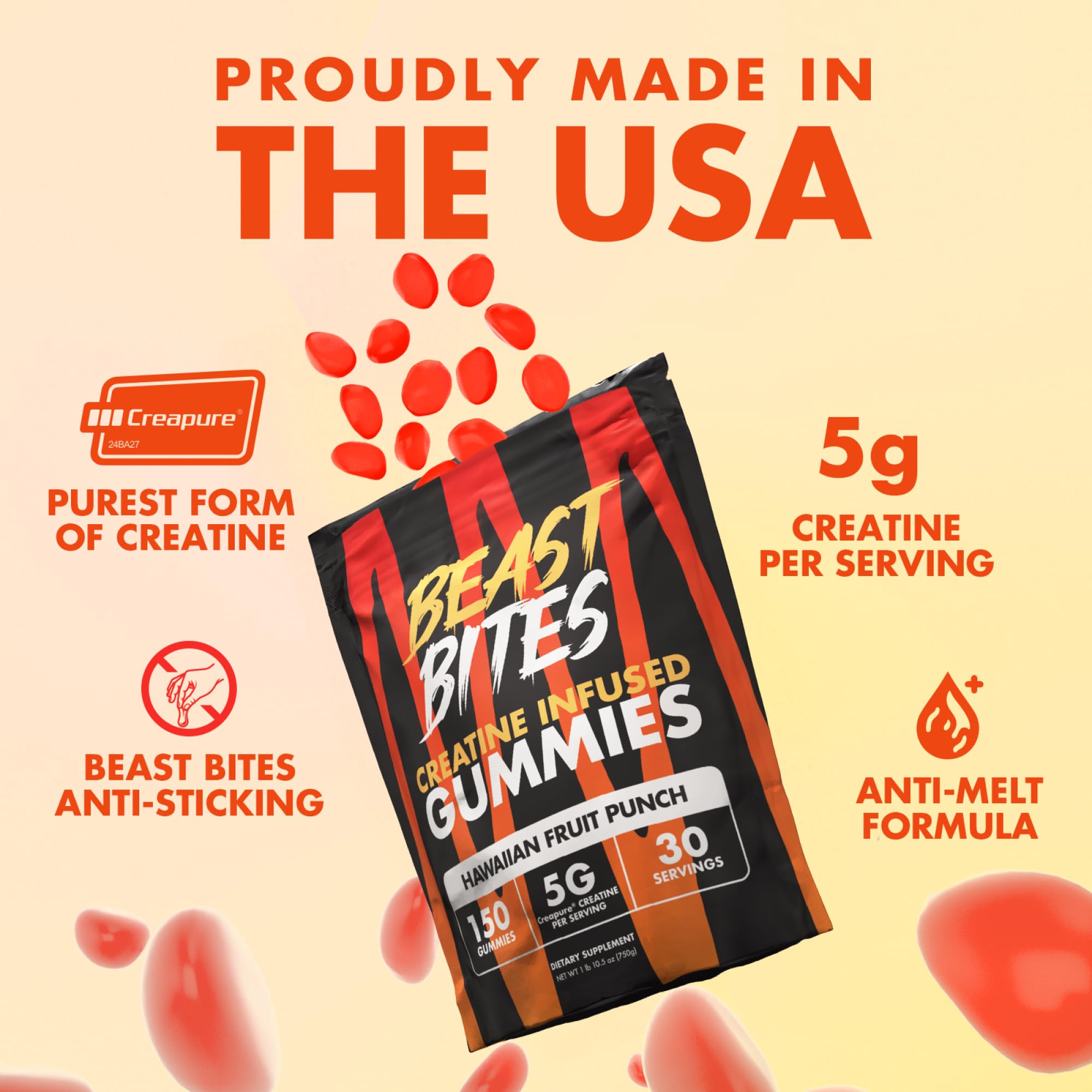 BEAST BITES Creatine Monohydrate Gummies - for Men and Women - 5g Creapure Creatine, Support Muscle Mass, Strength, and Cognitive Function - Made in USA - 150 Gummies - 30 Servings