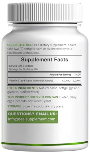 Vitamin E Supplements, 1,000 IU Per Serving, 240 Softgels – Extra Strength Antioxidant Protection – Bioavailable Stable Form – Skin, Heart, Brain, & Immune Support – Non-GMO