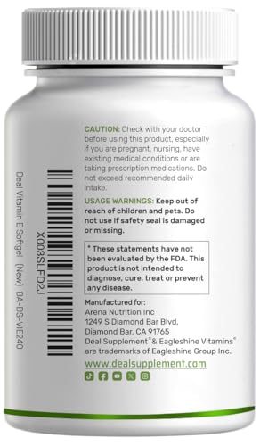 Vitamin E Supplements, 1,000 IU Per Serving, 240 Softgels – Extra Strength Antioxidant Protection – Bioavailable Stable Form – Skin, Heart, Brain, & Immune Support – Non-GMO
