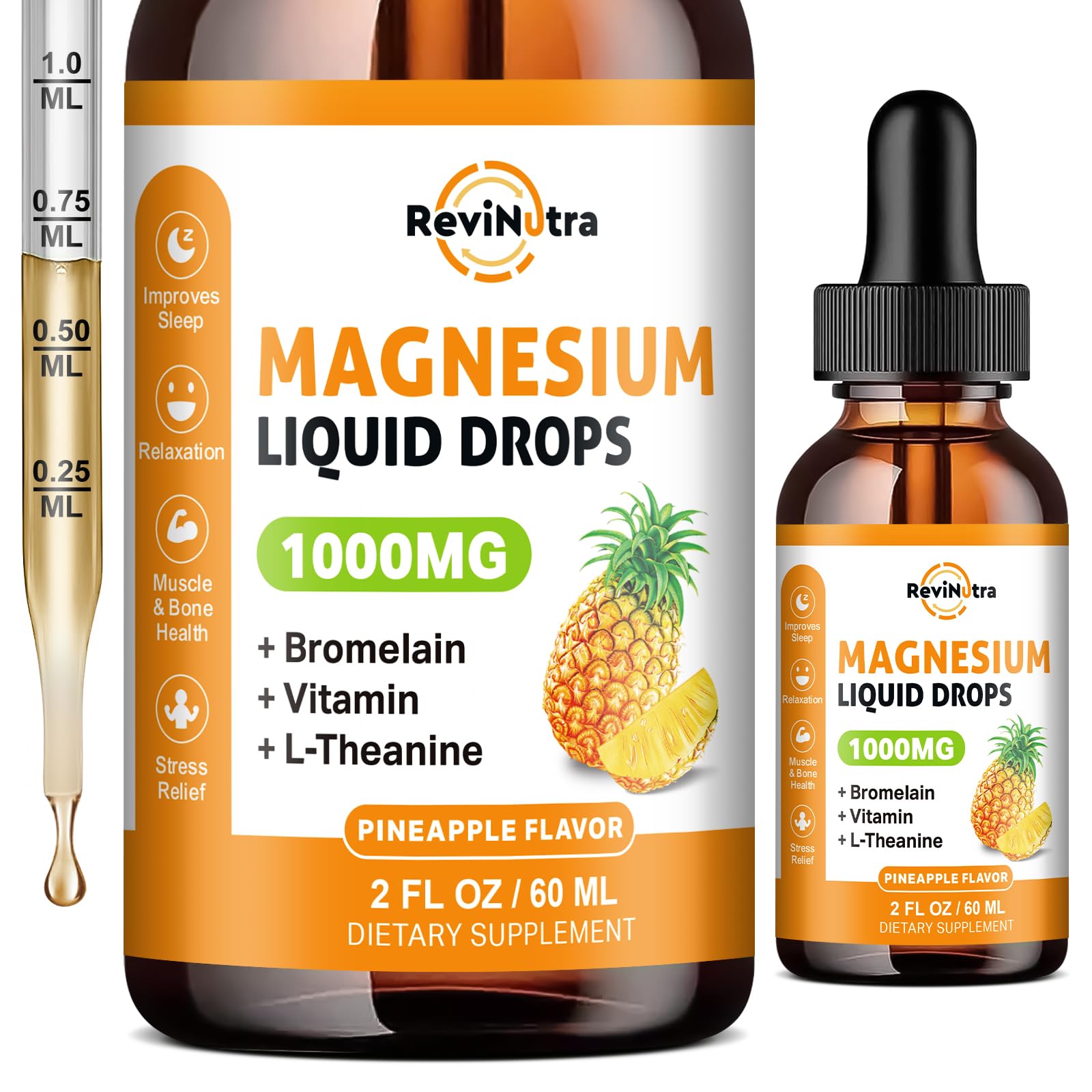 Magnesium Glycinate Liquid Drops, 1000mg of Liquid Magnesium Complex Supplement for Sleep, Nerve, Energy, Muscle, Bone, Calm & Digestion, High Absorption, 2 Fl Oz, Sugar-Free Pineapple Flavor