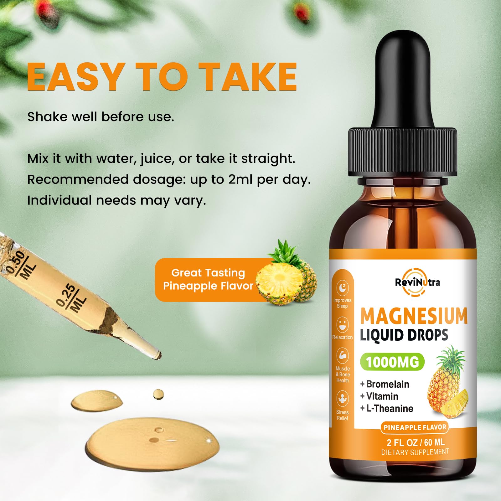 Magnesium Glycinate Liquid Drops, 1000mg of Liquid Magnesium Complex Supplement for Sleep, Nerve, Energy, Muscle, Bone, Calm & Digestion, High Absorption, 2 Fl Oz, Sugar-Free Pineapple Flavor