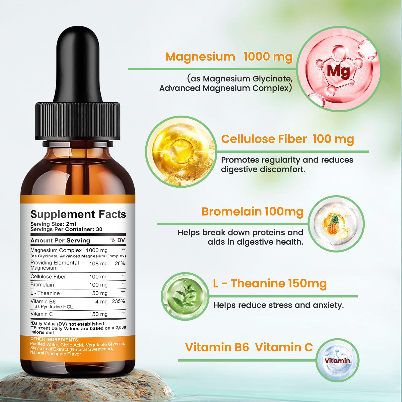 Magnesium Glycinate Liquid Drops, 1000mg of Liquid Magnesium Complex Supplement for Sleep, Nerve, Energy, Muscle, Bone, Calm & Digestion, High Absorption, 2 Fl Oz, Sugar-Free Pineapple Flavor