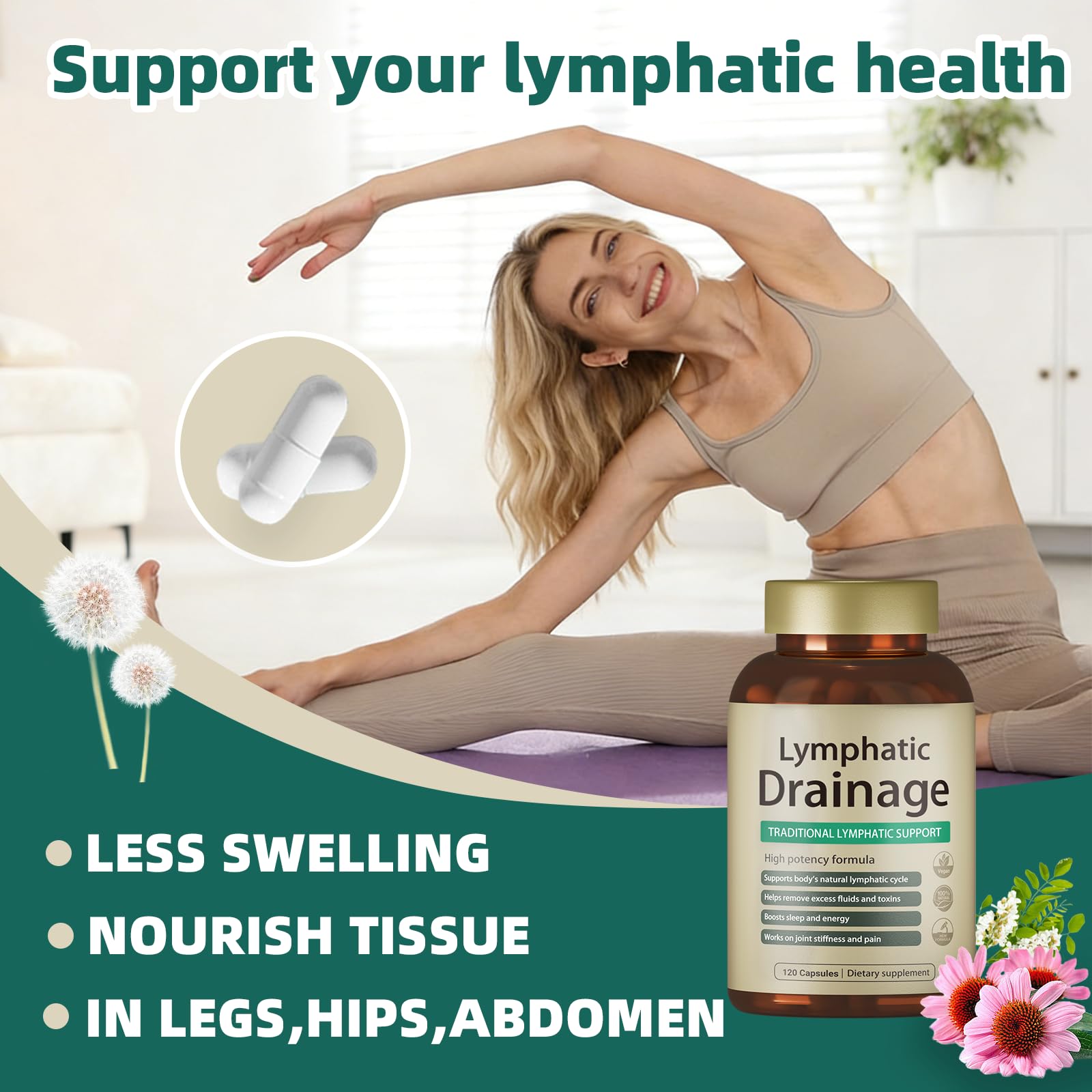 FRZVEO Lymphatic Drainage Capsules, 120 Capsules New Maximum Potency Formula 2 Month Supply with Dandelion Extract, Cleavers Extract - Supports Cellulite Reduction, Lymphatic Drainage & Immune Health