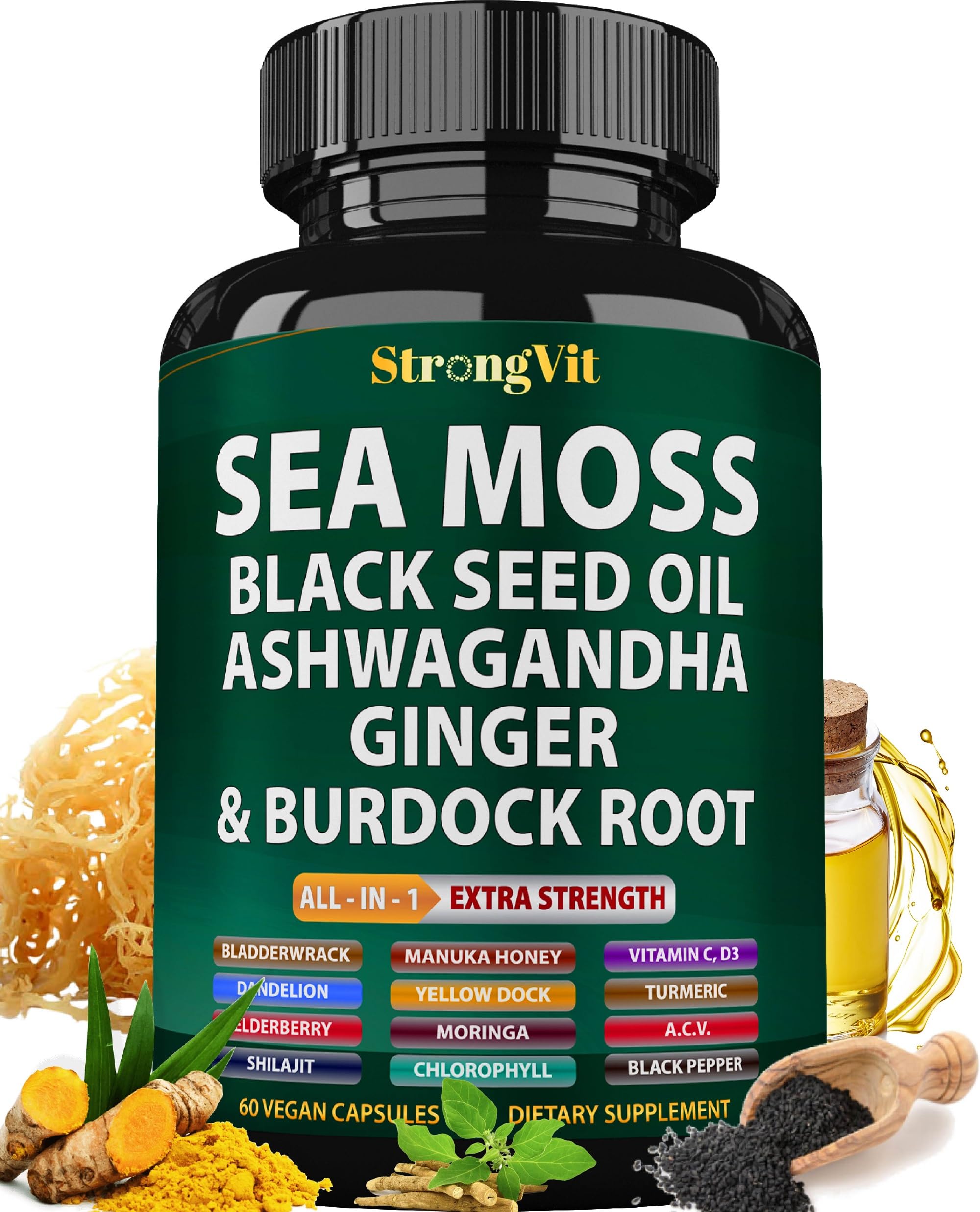 StrongVit Sea Moss Black Seed Oil Ashwagandha Ginger, Organic Sea Moss Capsules with Burdock Root, Irish Seamoss Pills with Bladderwrack, Advanced Multimineral Supplement, USA