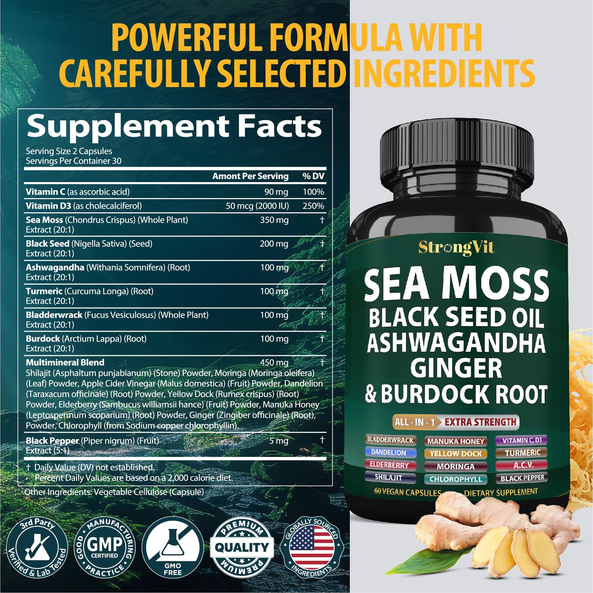 StrongVit Sea Moss Black Seed Oil Ashwagandha Ginger, Organic Sea Moss Capsules with Burdock Root, Irish Seamoss Pills with Bladderwrack, Advanced Multimineral Supplement, USA