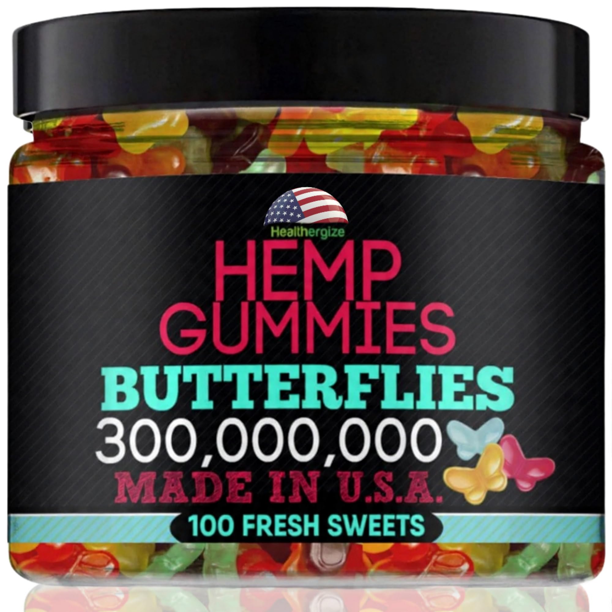 Healthergize Hemp Gummies Edibles-Delicious Butterflies Gummy Bears-Fresh Fruity Flavors-Natural Candy Peace and Relaxation-for Sleep, Calm, Relax-Made in USA-100 Count