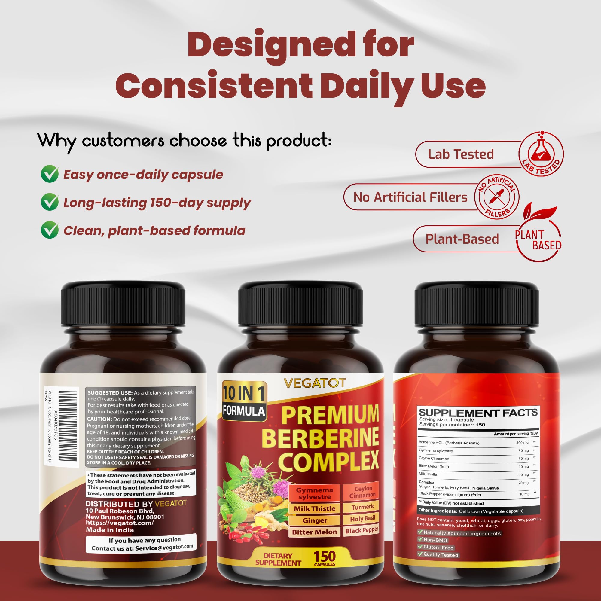 VEGATOT GlucoSavior Berberine Supplement with Ceylon Cinnamon, Bitter Melon, Gymnema - Supports Immune, Heart Health & Gastrointestinal Function (150 Count (Pack of 1))