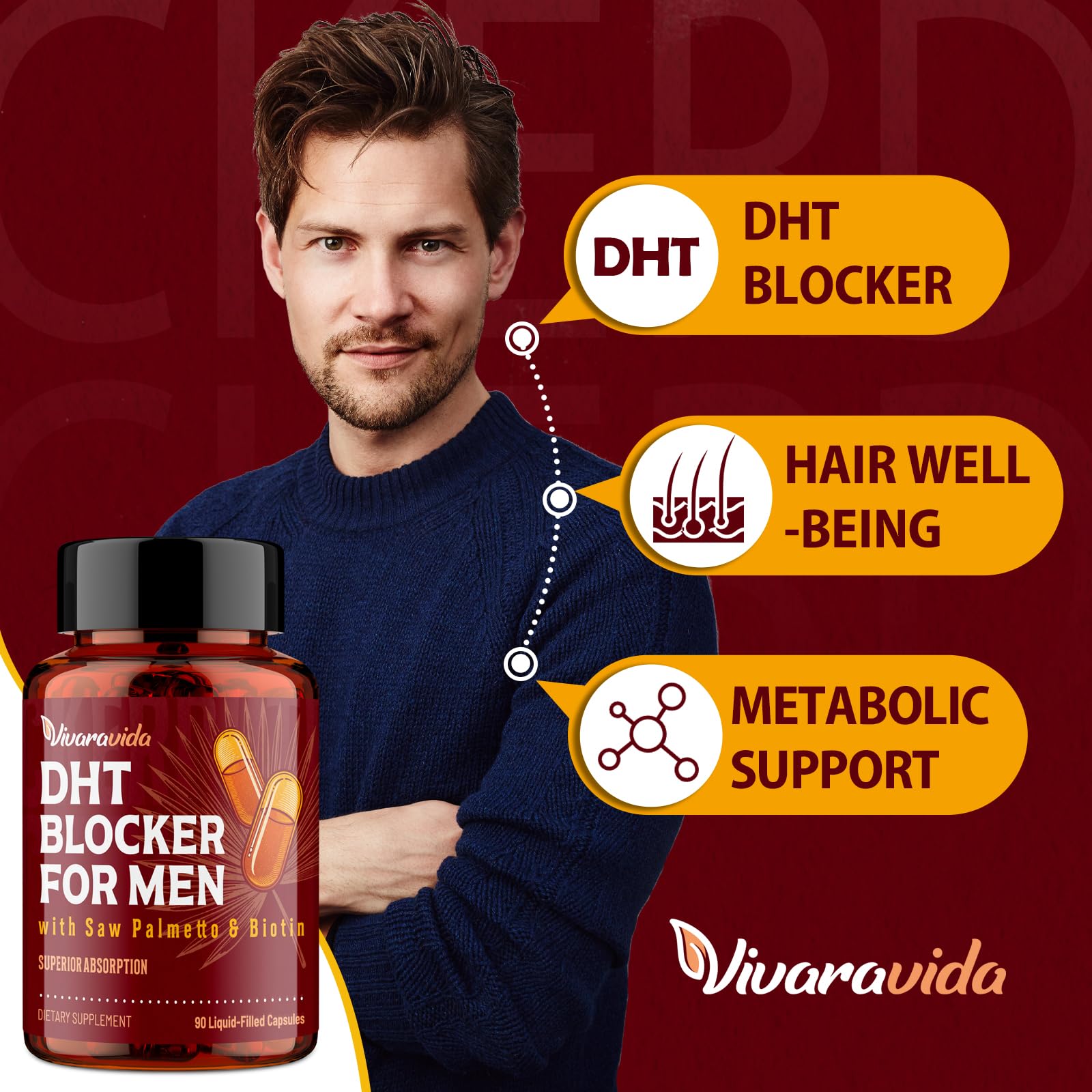 DHT Blocker for Men | Hair Growth Supplement with Saw Palmetto & Biotin - Hair Growth Vitamins - Hair Regrowth - Natural Hair Loss Supplements Liquid-Filled - Proprietary Herbal Blends (180 Capsules)