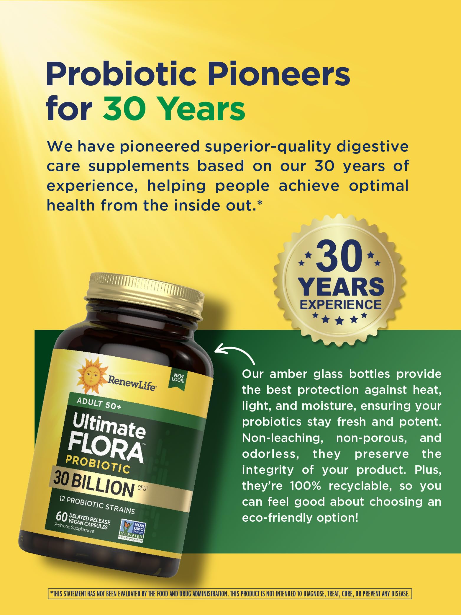 Renew Life Probiotic Adult 50 Plus Probiotic Capsules, Daily Supplement Supports Urinary, Digestive and Immune Health, L. Rhamnosus GG, Dairy, Soy and gluten-free, 30 Billion CFU, 60 Count