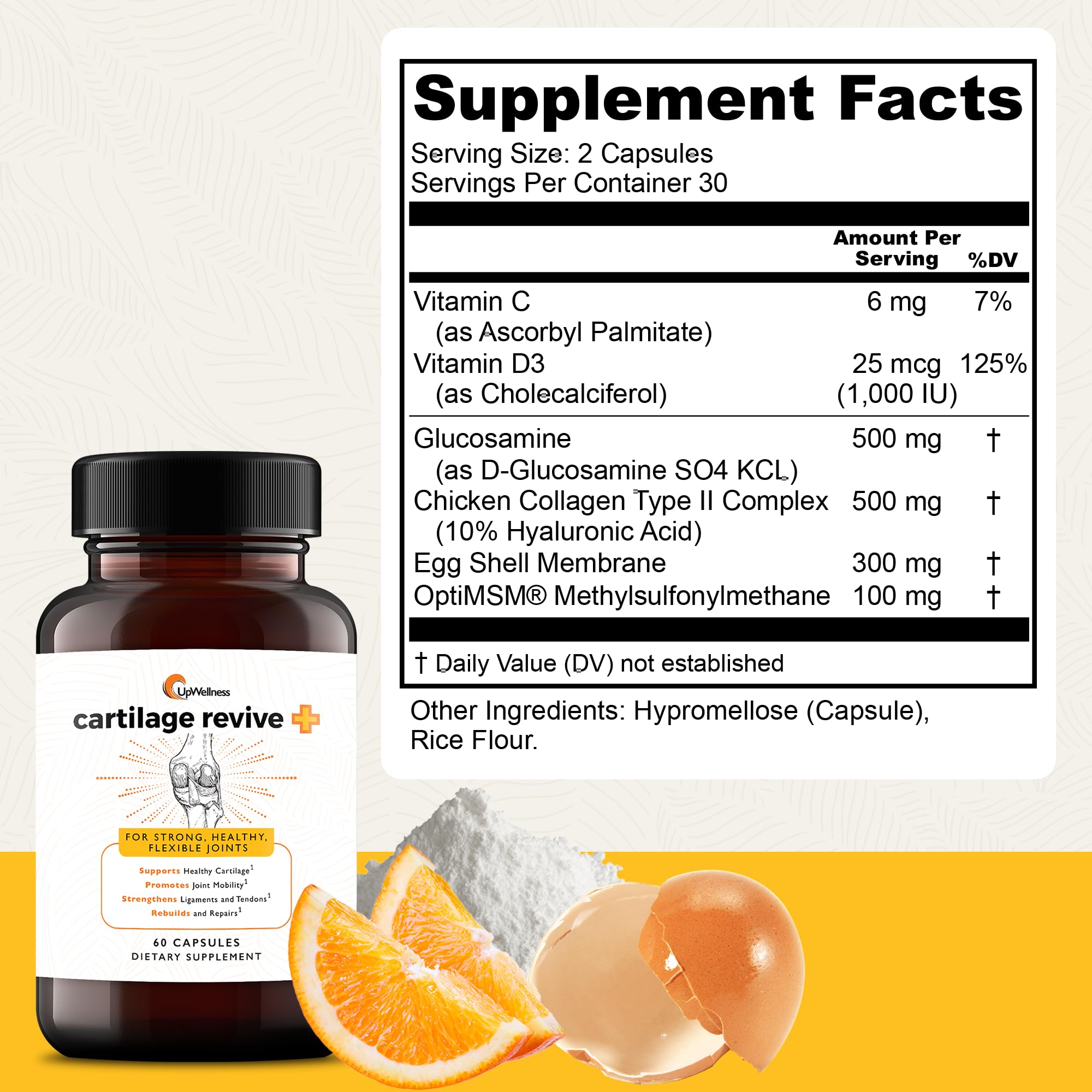 UpWellness Cartilage Revive + Joint Support Supplement for Men and Women with Type II Collagen for Joints - D-Glucosamine Sulfate, MSM, Vitamin D3, Vitamin C and More - 60 Capsules