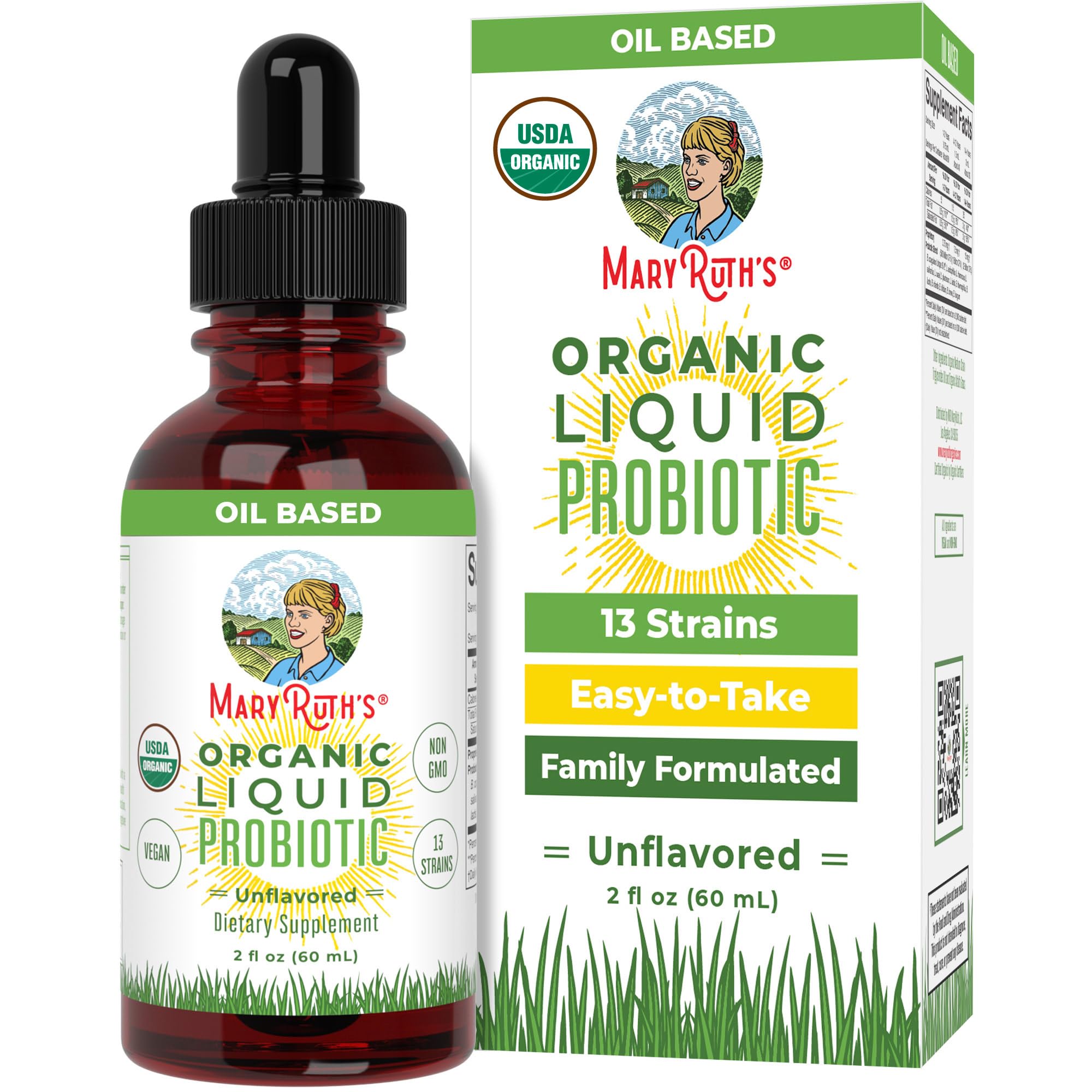 MARYRUTH'S Organics Liquid Probiotic for Ages 4+ | 2 Billion CFU | 13 Probiotic Strains | Gut Health & Digestive Support | Gas & Bloating Support | Vegan | Gluten Free | Travel-Friendly | 20 Servings