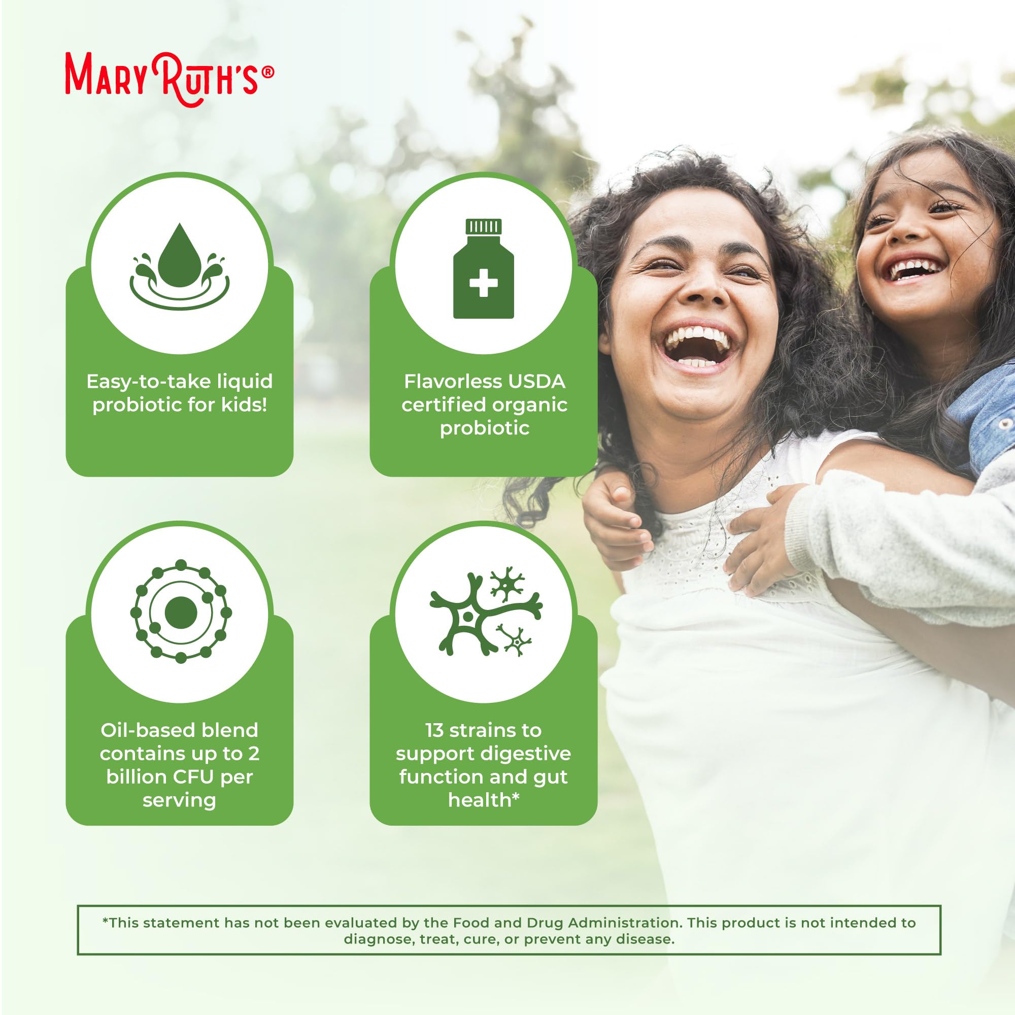 MARYRUTH'S Organics Liquid Probiotic for Ages 4+ | 2 Billion CFU | 13 Probiotic Strains | Gut Health & Digestive Support | Gas & Bloating Support | Vegan | Gluten Free | Travel-Friendly | 20 Servings