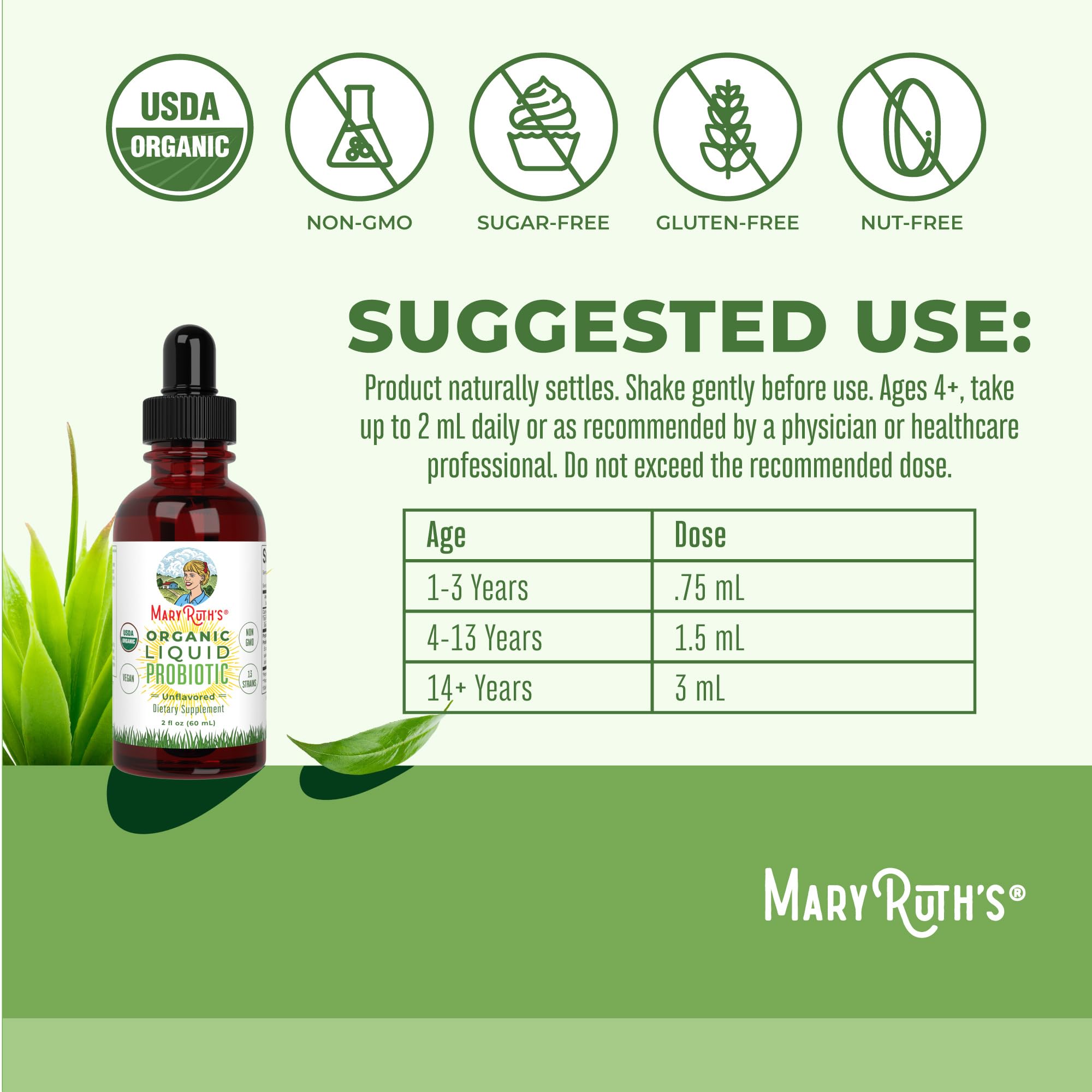 MARYRUTH'S Organics Liquid Probiotic for Ages 4+ | 2 Billion CFU | 13 Probiotic Strains | Gut Health & Digestive Support | Gas & Bloating Support | Vegan | Gluten Free | Travel-Friendly | 20 Servings