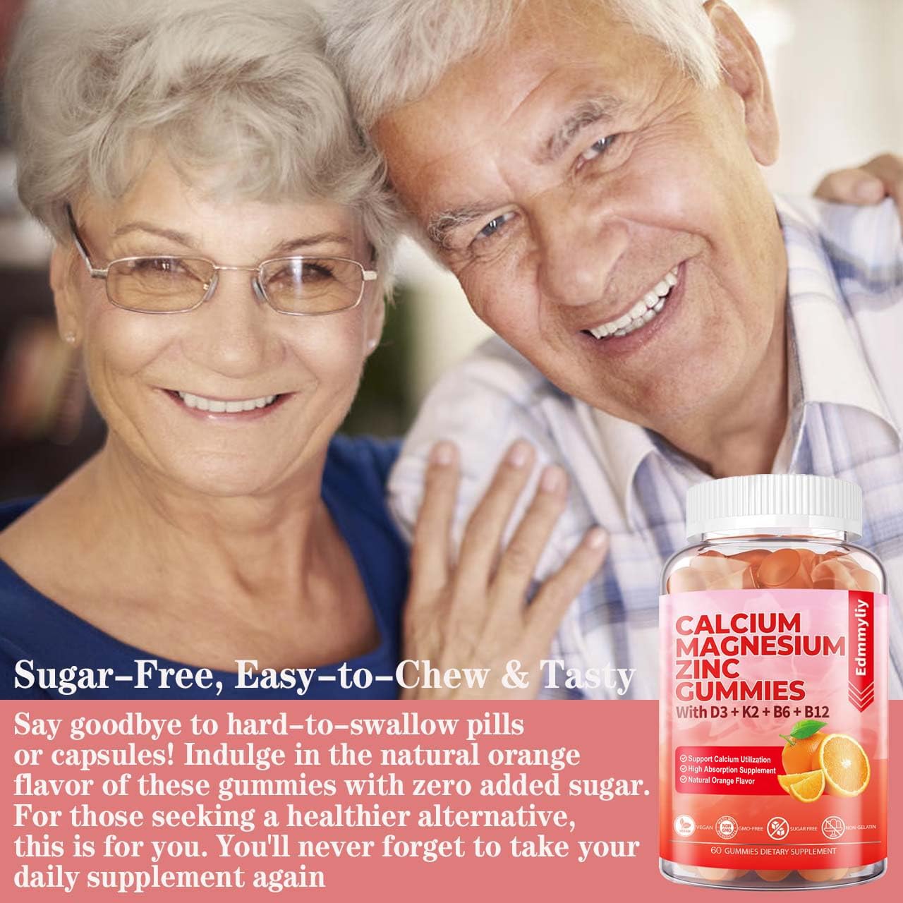 Sugar Free Calcium Magnesium Zinc Supplement Gummies with Vitamin D3 & B12 for Women and Men High Absorption Calcium Magnesium Supplement for Immune Support (120 Counts)