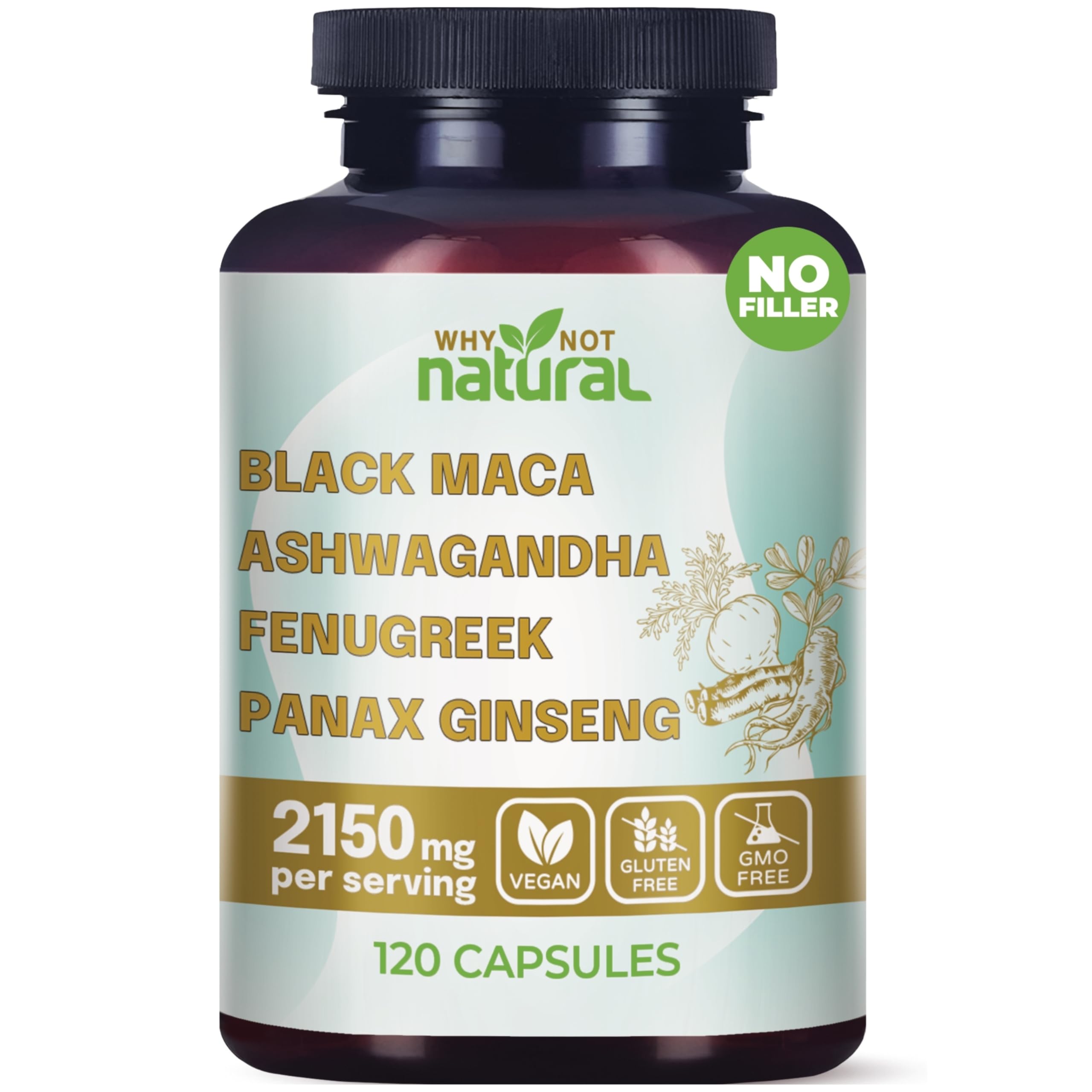 Why Not Natural 4-in-1 Organic Black Maca Root, Ashwagandha, Fenugreek, Panax Ginseng Capsules, Supplement for Men and Women