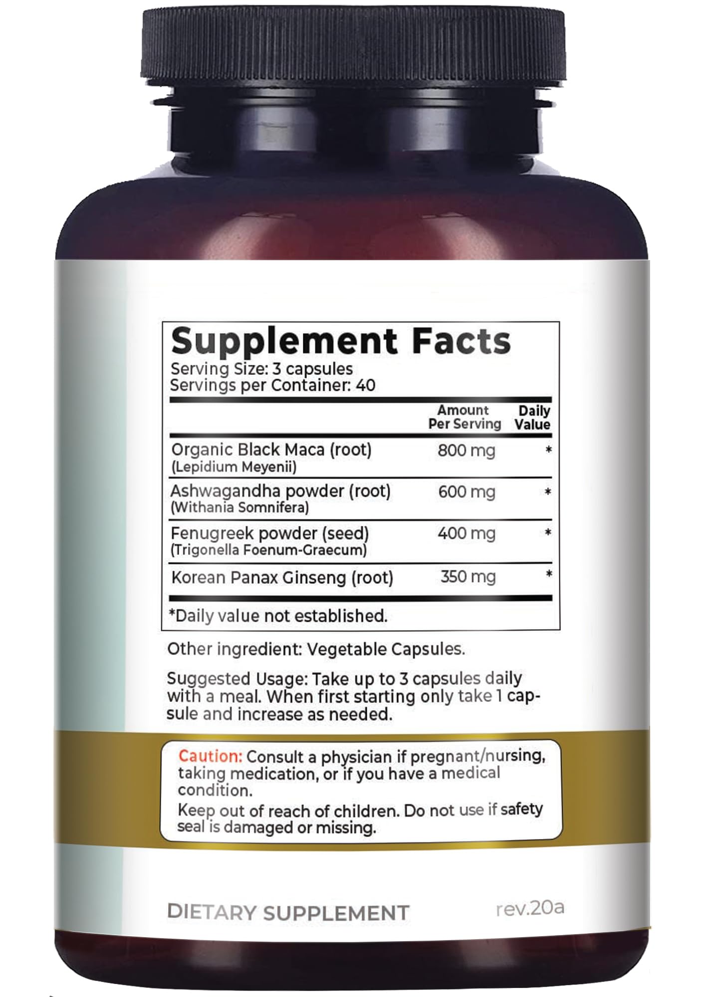 Why Not Natural 4-in-1 Organic Black Maca Root, Ashwagandha, Fenugreek, Panax Ginseng Capsules, Supplement for Men and Women