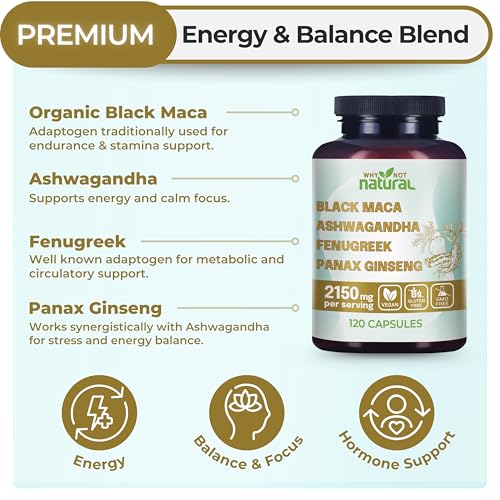 Why Not Natural 4-in-1 Organic Black Maca Root, Ashwagandha, Fenugreek, Panax Ginseng Capsules, Supplement for Men and Women