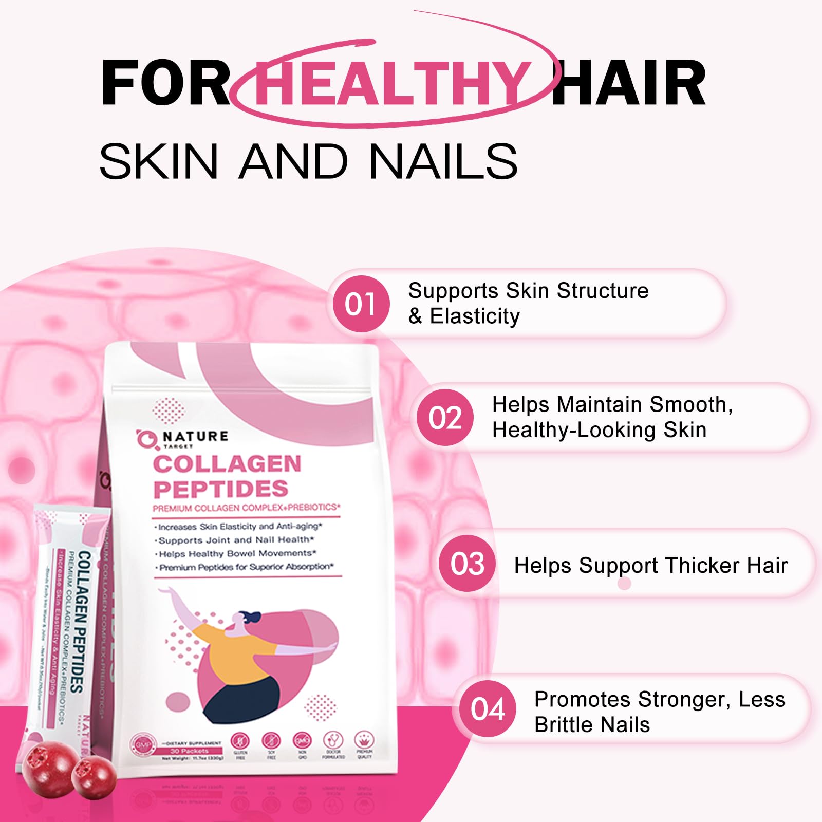 NATURE TARGET Multi Collagen Peptides Powder - Type I, II, III, V, X - Enhanced Absorption, Hydrolyzed Collagen Peptides with Prebiotics, Sugar-Free, Skin Hair Nail & Joint Support, Non-GMO