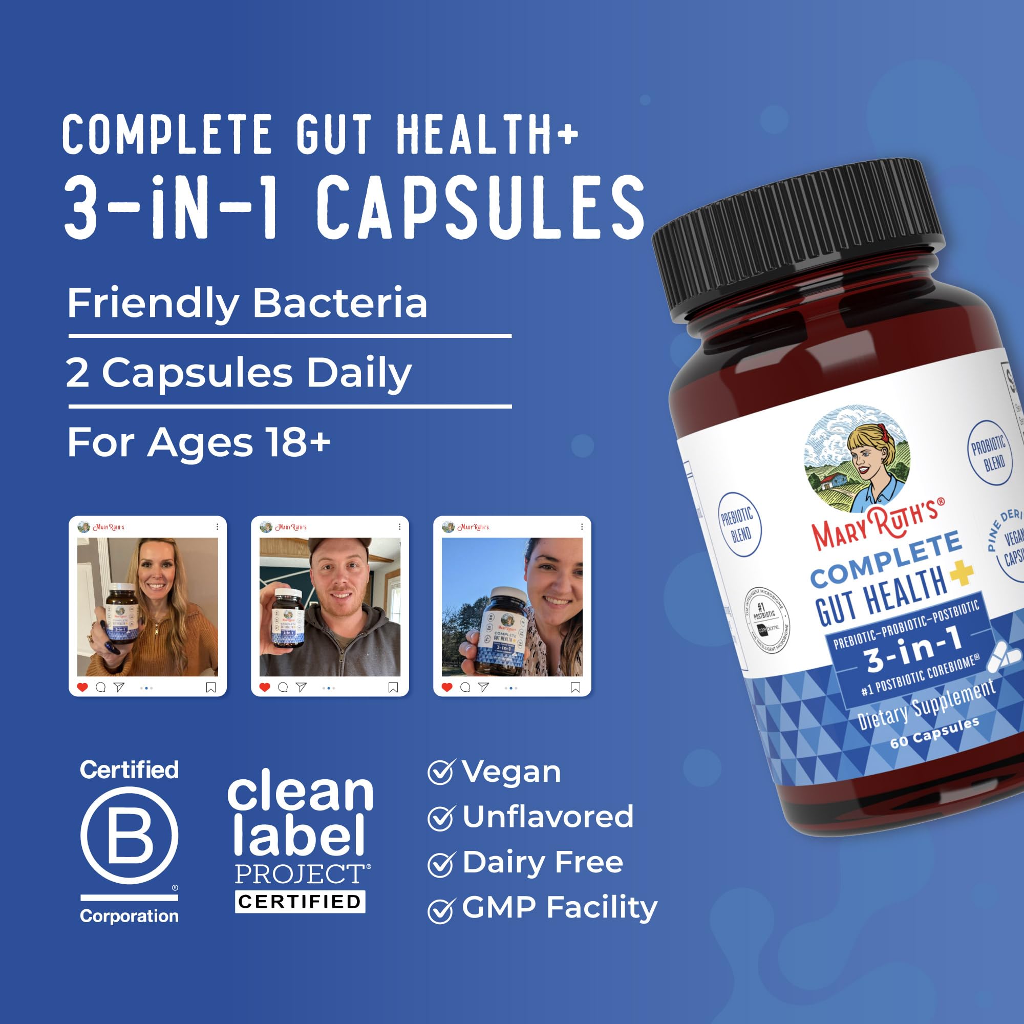 MaryRuth's Complete Gut Health+ Capsules | 5 Probiotic Blend | Butyrate | Corebiome® | Vegan Gut Support | Support Gastrointestinal Health & Microbiome | 2 Capsules Daily | 30 Servings