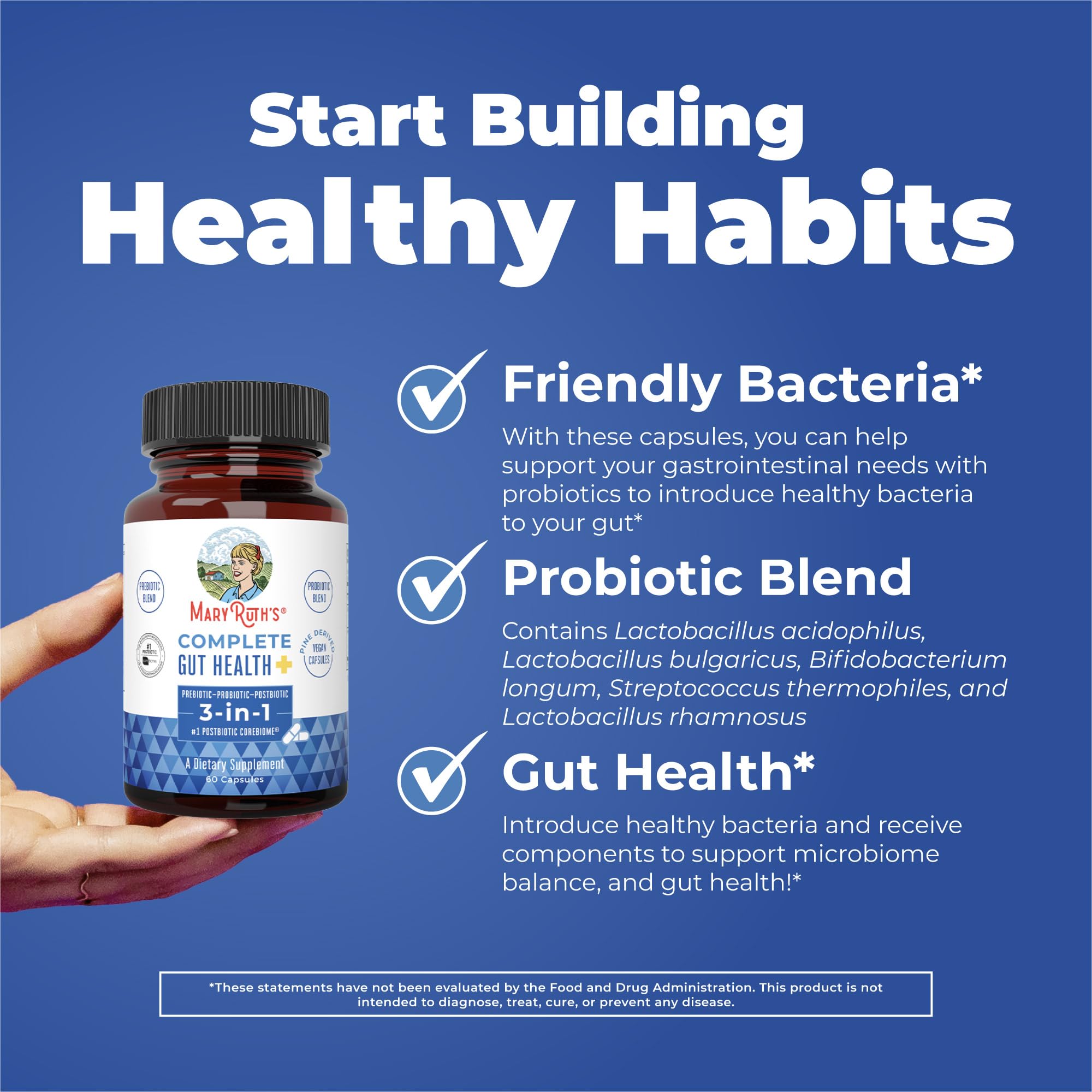 MaryRuth's Complete Gut Health+ Capsules | 5 Probiotic Blend | Butyrate | Corebiome® | Vegan Gut Support | Support Gastrointestinal Health & Microbiome | 2 Capsules Daily | 30 Servings