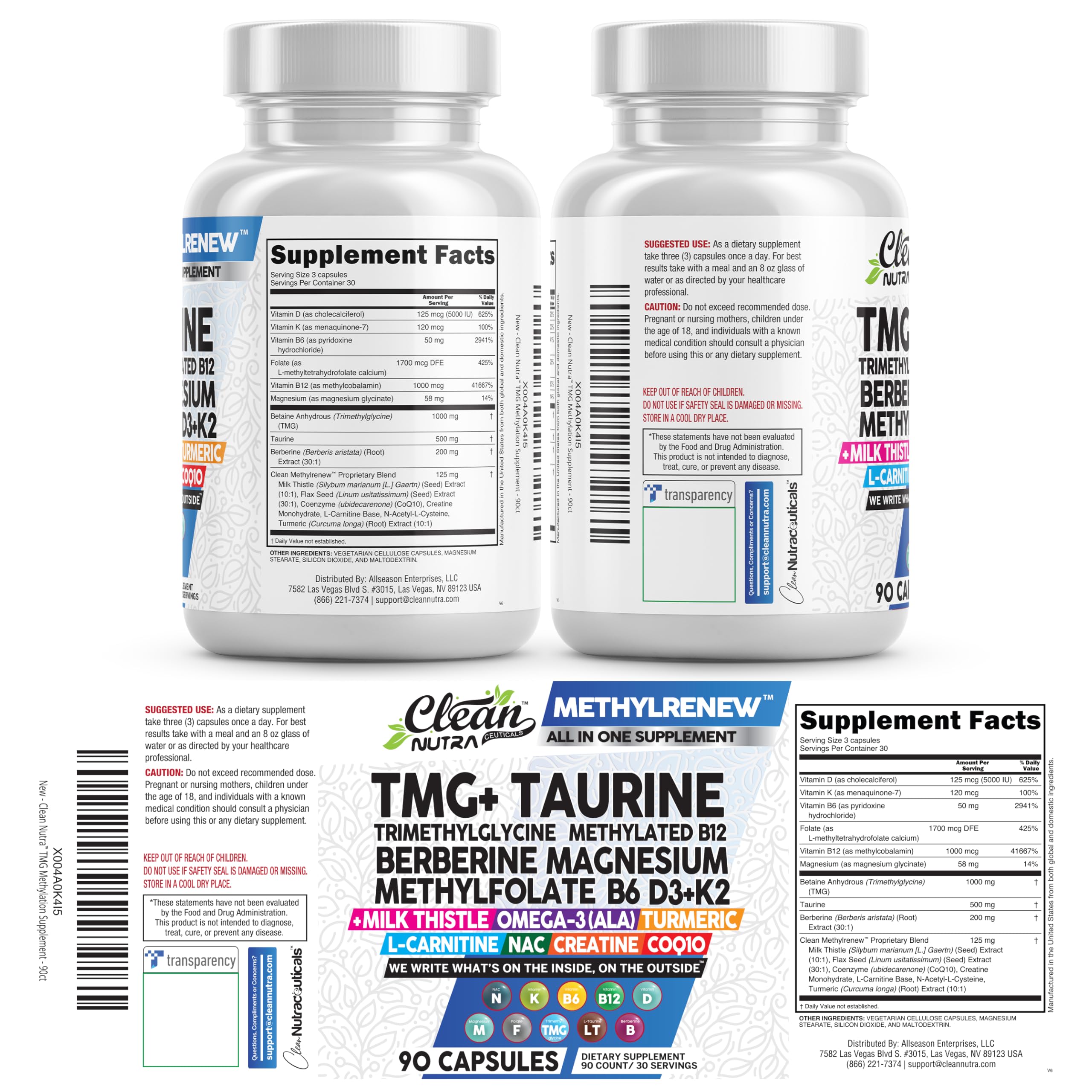 Clean Nutra TMG Supplements 1000mg | Methylated Multivitamin for Women Men | Taurine B6 Vitamins B12 D3 K2 Trimethylglycine Magnesium Methylfolate Milk Thistle NAC COQ10 B Supplement Complex Capsules