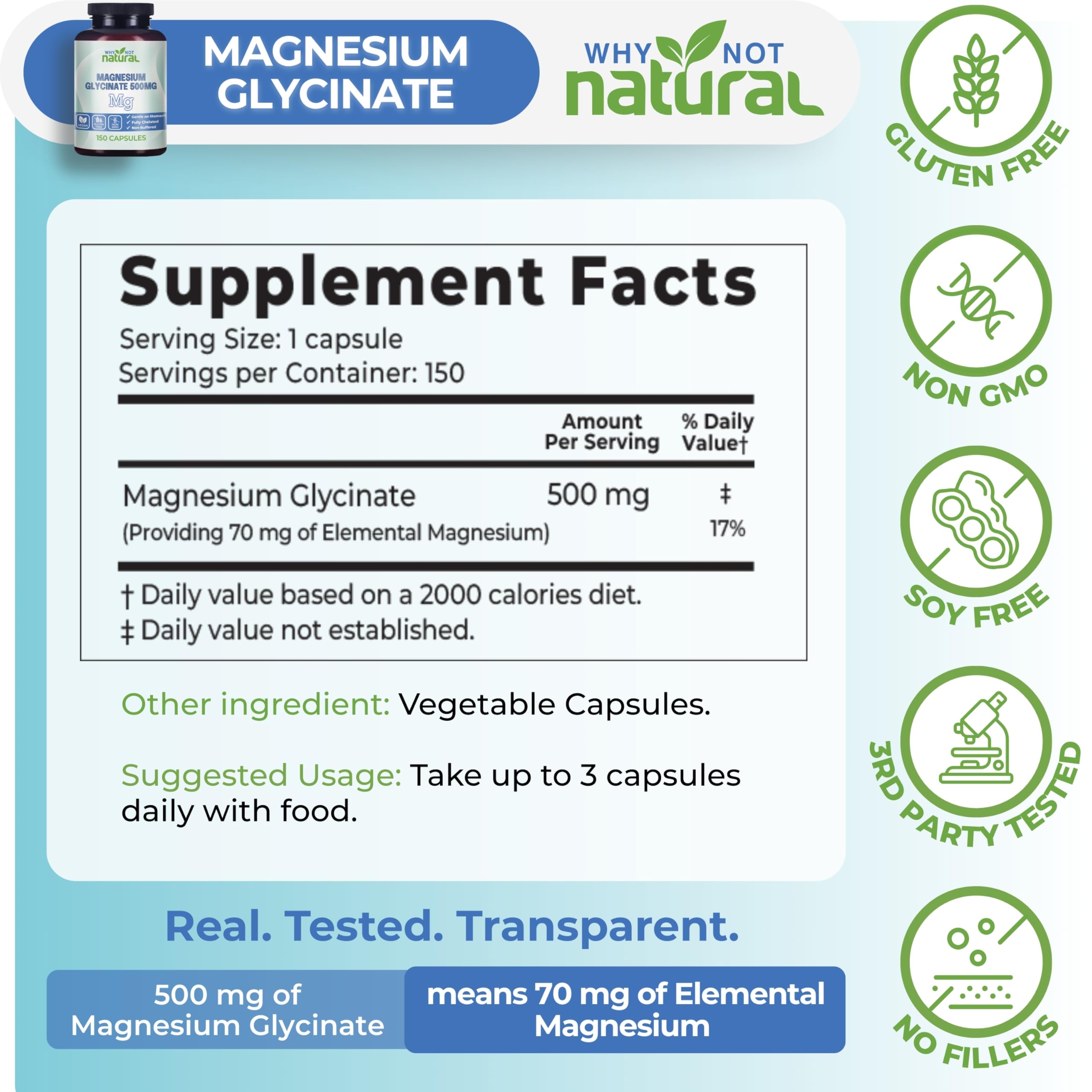 Why Not Natural Magnesium Glycinate 500 mg Capsules Supplement - Vegan, No Filler - Supports Sleep and Relaxation