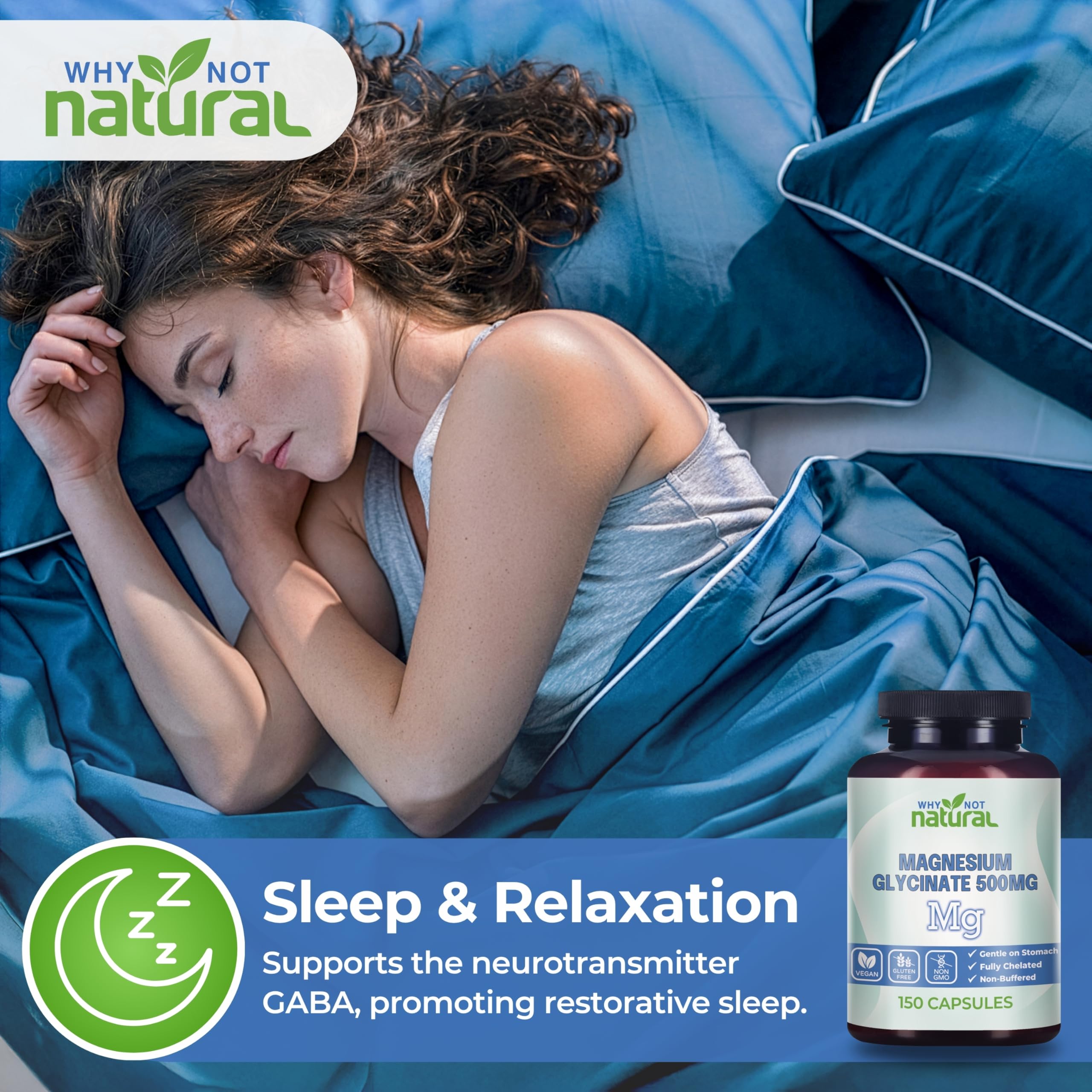 Why Not Natural Magnesium Glycinate 500 mg Capsules Supplement - Vegan, No Filler - Supports Sleep and Relaxation