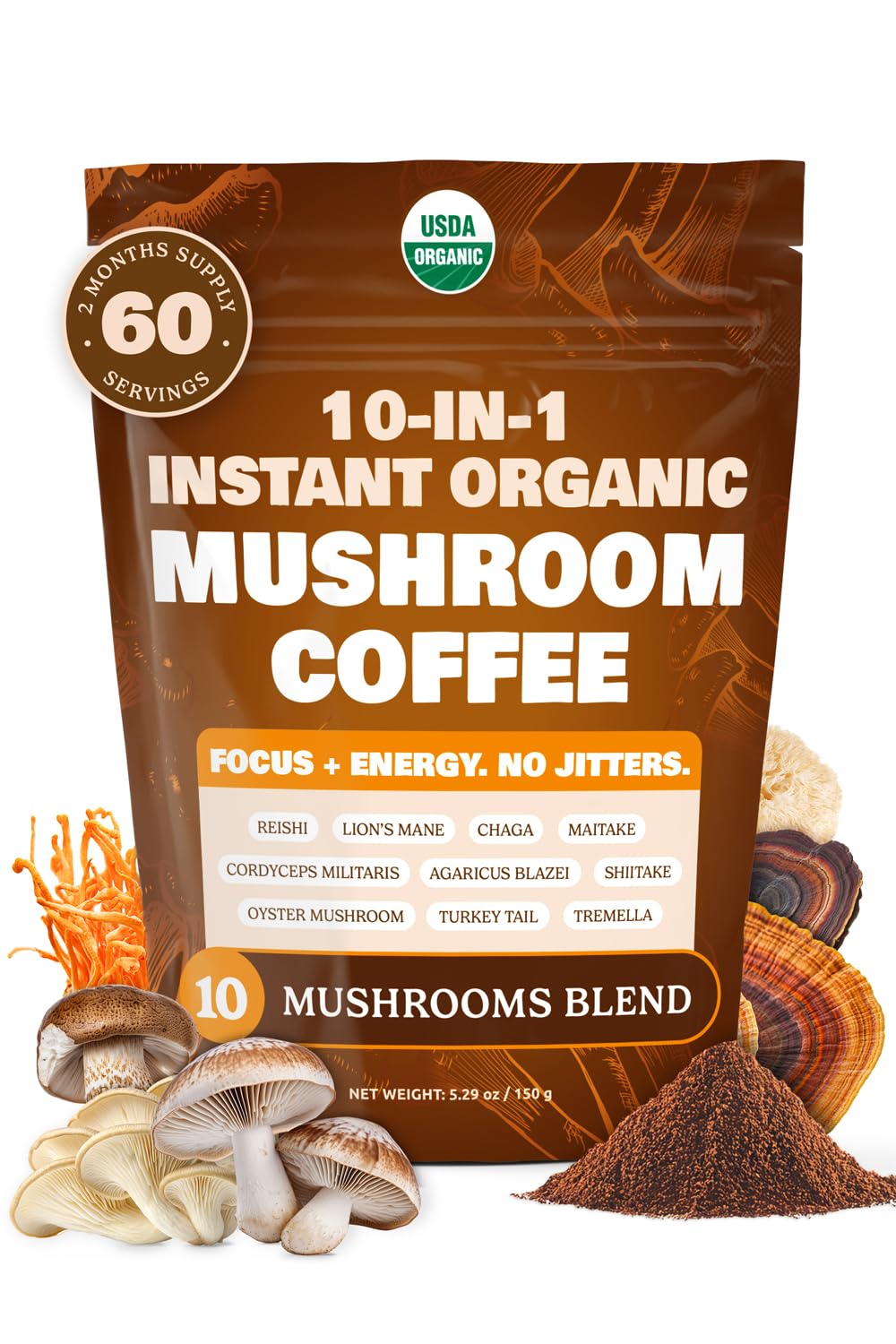 10-in-1 USDA Certified Organic Mushroom Coffee Instant, Instant Mushroom Coffee Brazilian Dark Roast for Better Energy, Focus, Gut Health, 60 Servings Regular Caffeine - ShroomDNA