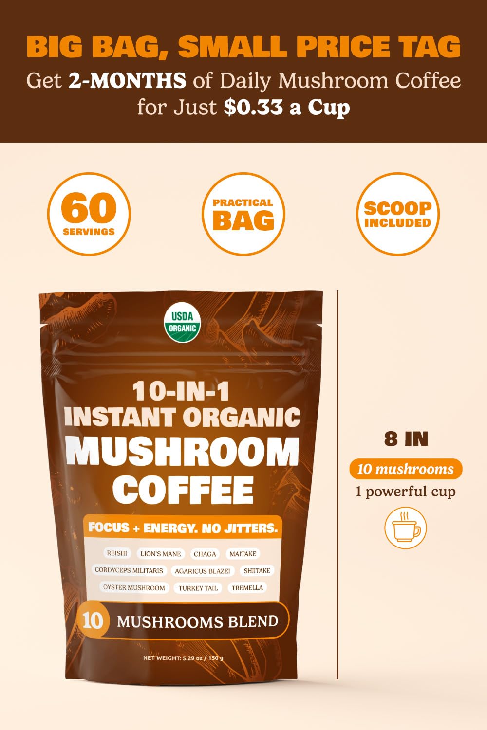 10-in-1 USDA Certified Organic Mushroom Coffee Instant, Instant Mushroom Coffee Brazilian Dark Roast for Better Energy, Focus, Gut Health, 60 Servings Regular Caffeine - ShroomDNA