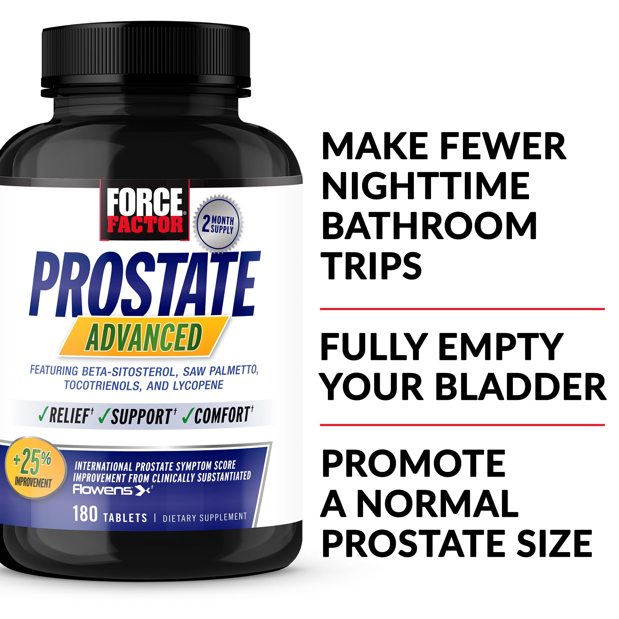 Force Factor Prostate Advanced, Health Supplement for Men for Reducing Nighttime Bathroom Trips, Bladder & Urinary Relief, with Saw Palmetto, Beta-Sitosterol, 180 Tablets (1-Pack)