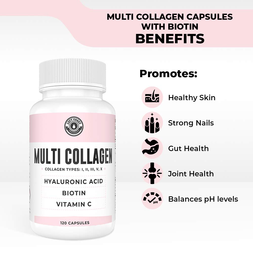 Collagen Capsules with Biotin, Hyaluronic Acid, Vitamin C, Hydrolyzed Multi Collagen Peptide Capsules Types I, II, III, V, X For Skin, Hair, Nails and Joint Health Supplement* 120 Count