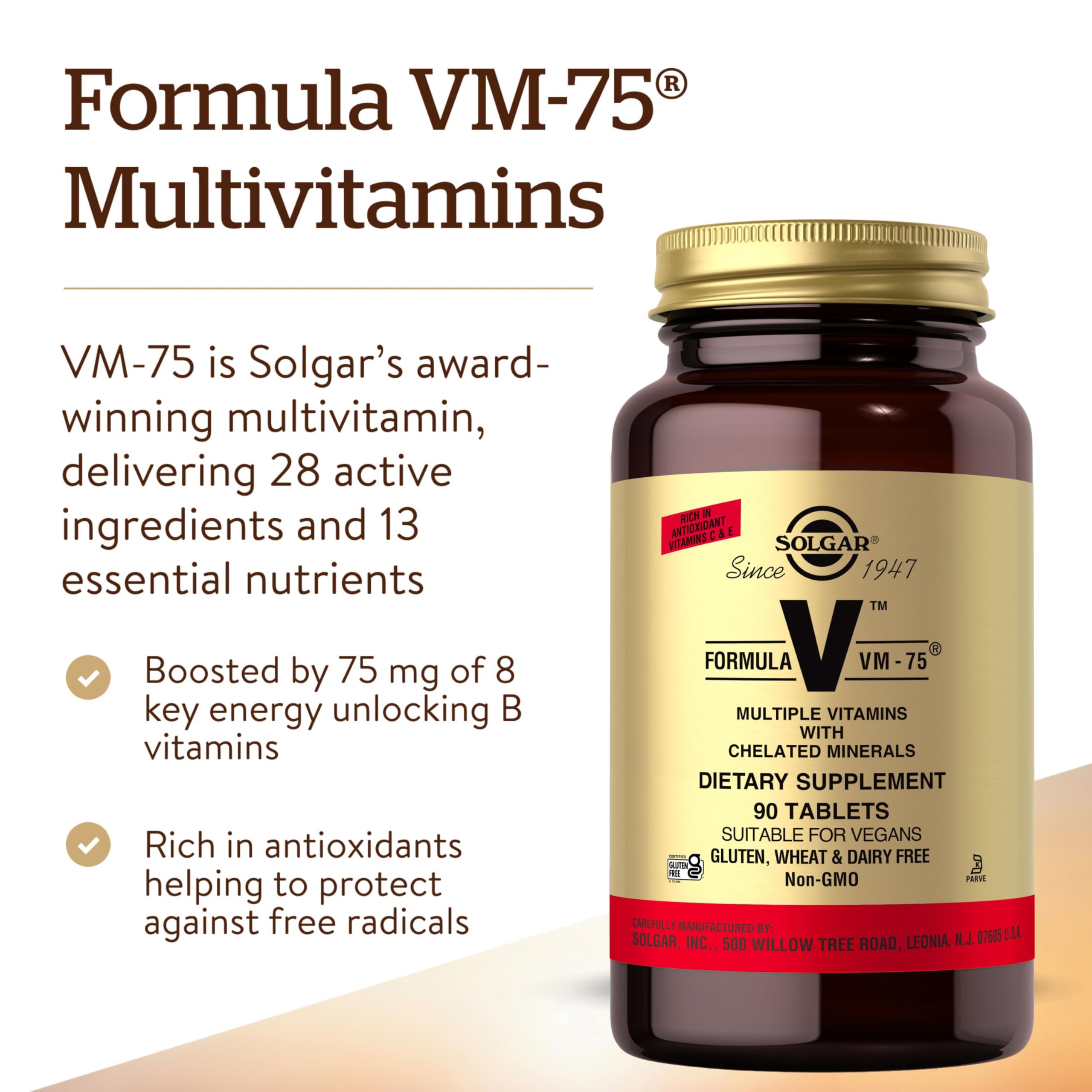 Solgar Formula VM-75, 90 Tablets - Multivitamin with Chelated Minerals - Vitamin A, B6, B12, C, D, E - Biotin, Magnesium, Calcium, Iron, Zinc - Vegan, Gluten Free, Dairy Free, Kosher - 90 Servings