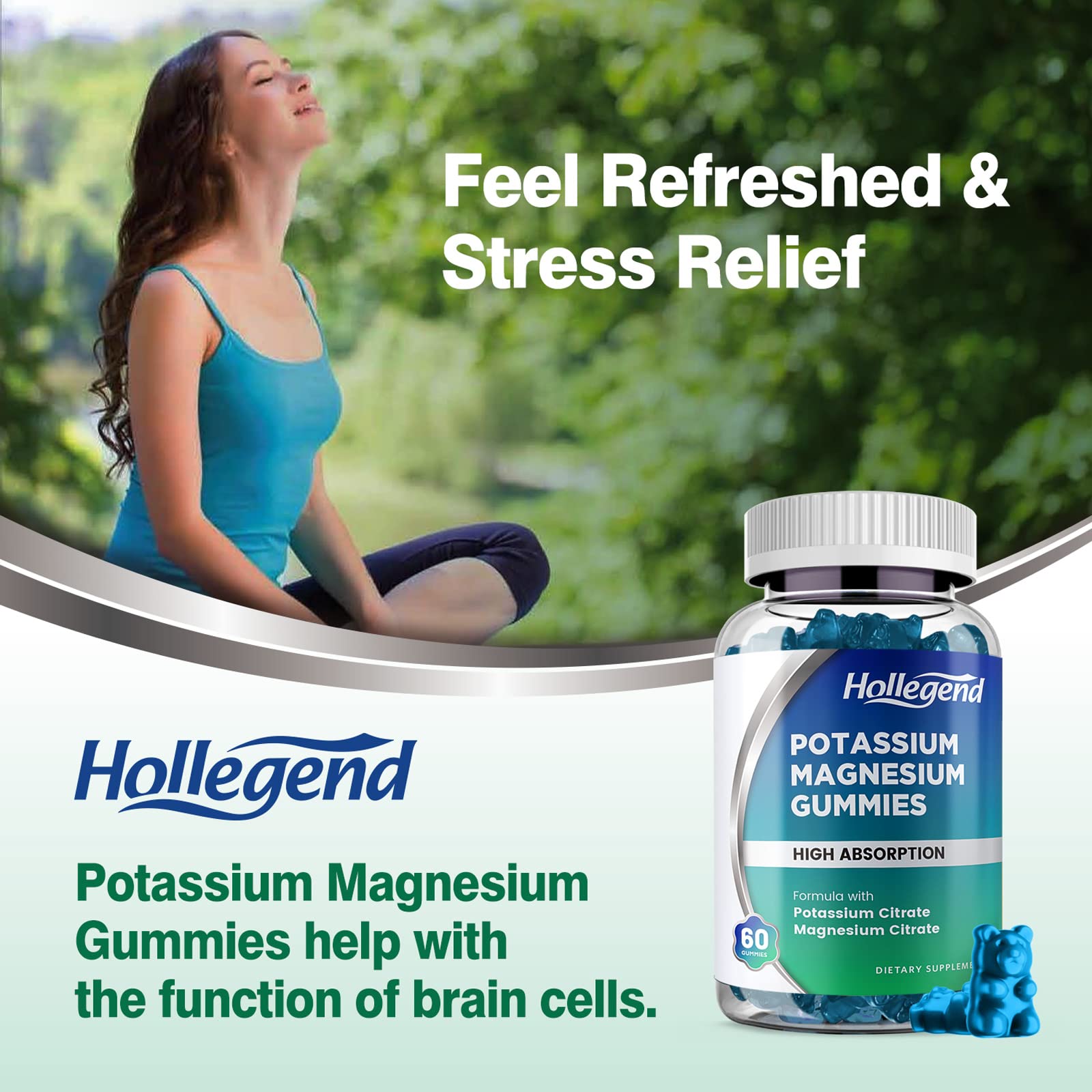 HOLLEGEND Potassium Magnesium Gummies, High Absorption Potassium Citrate 99mg Magnesium Citrate 180mg, Chewable Gummy Supplements for Leg Cramps & Muscle, 120 Count