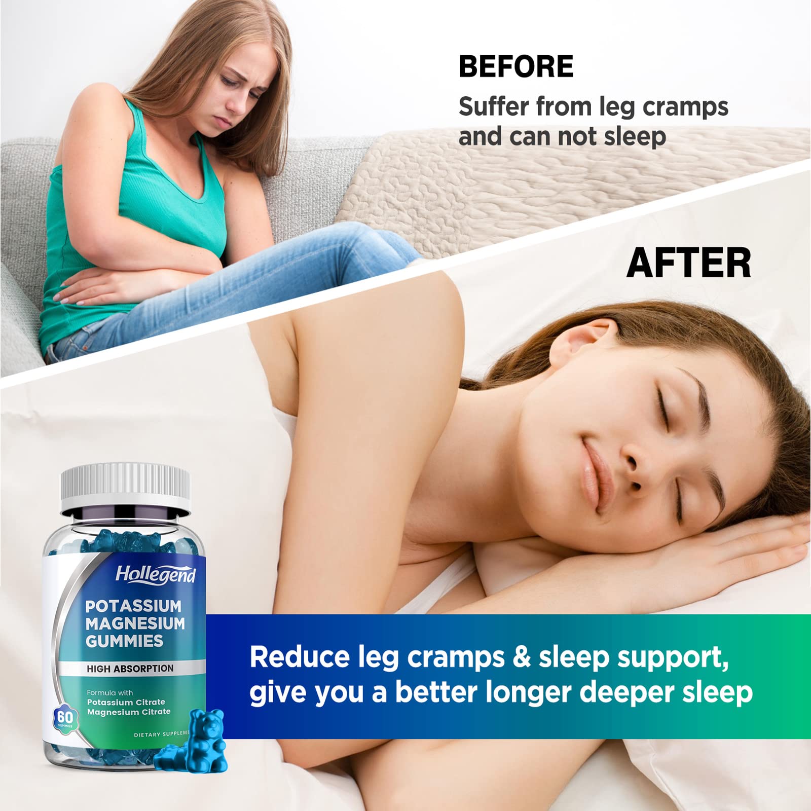 HOLLEGEND Potassium Magnesium Gummies, High Absorption Potassium Citrate 99mg Magnesium Citrate 180mg, Chewable Gummy Supplements for Leg Cramps & Muscle, 120 Count