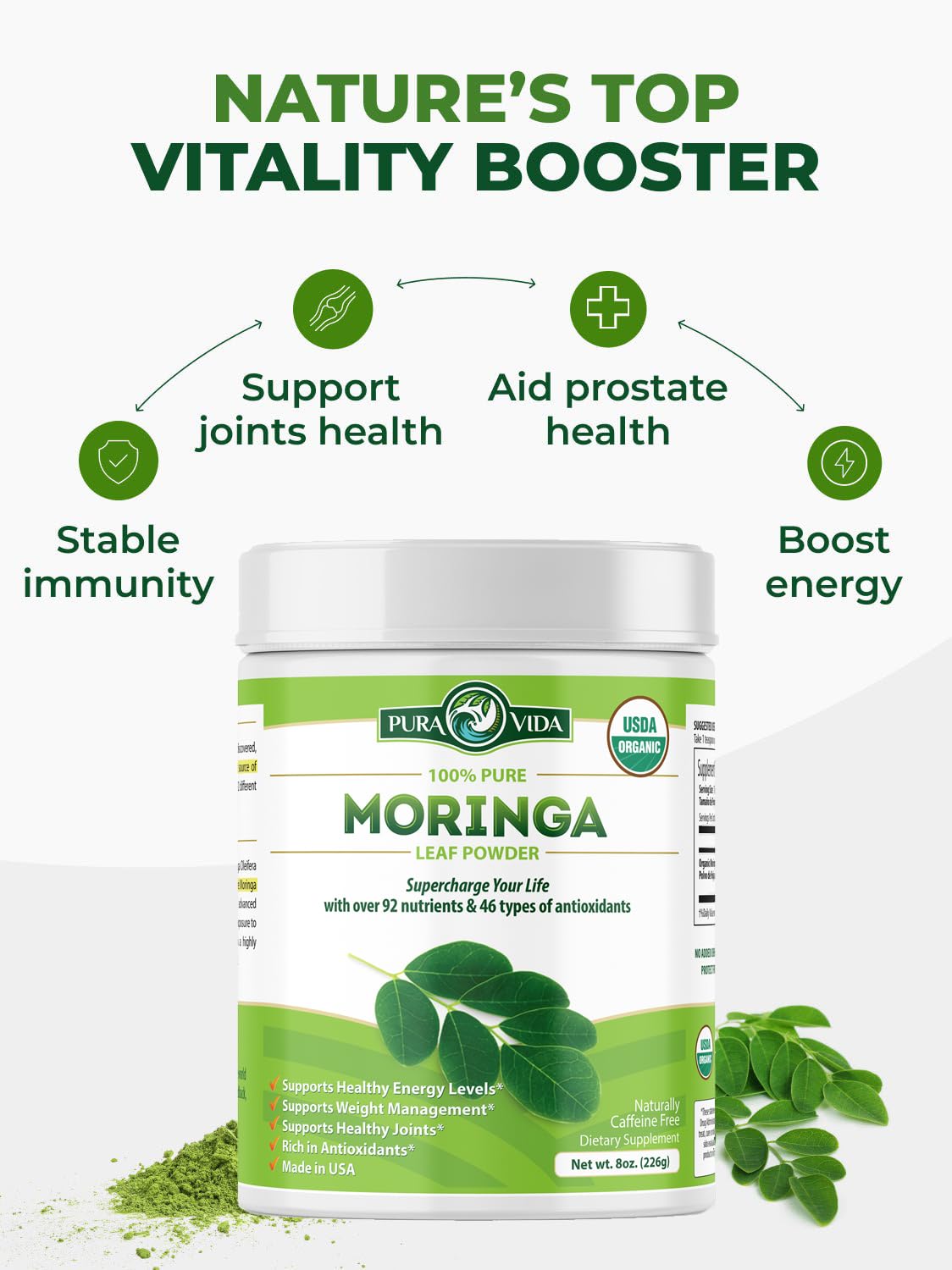 PURA VIDA MORINGA Organic Moringa Leaf Powder, Premium 100% Leaf Powder Single Origin - USDA Organic Moringa Oleifera, Perfect for Smoothies & Recipes, 8 oz