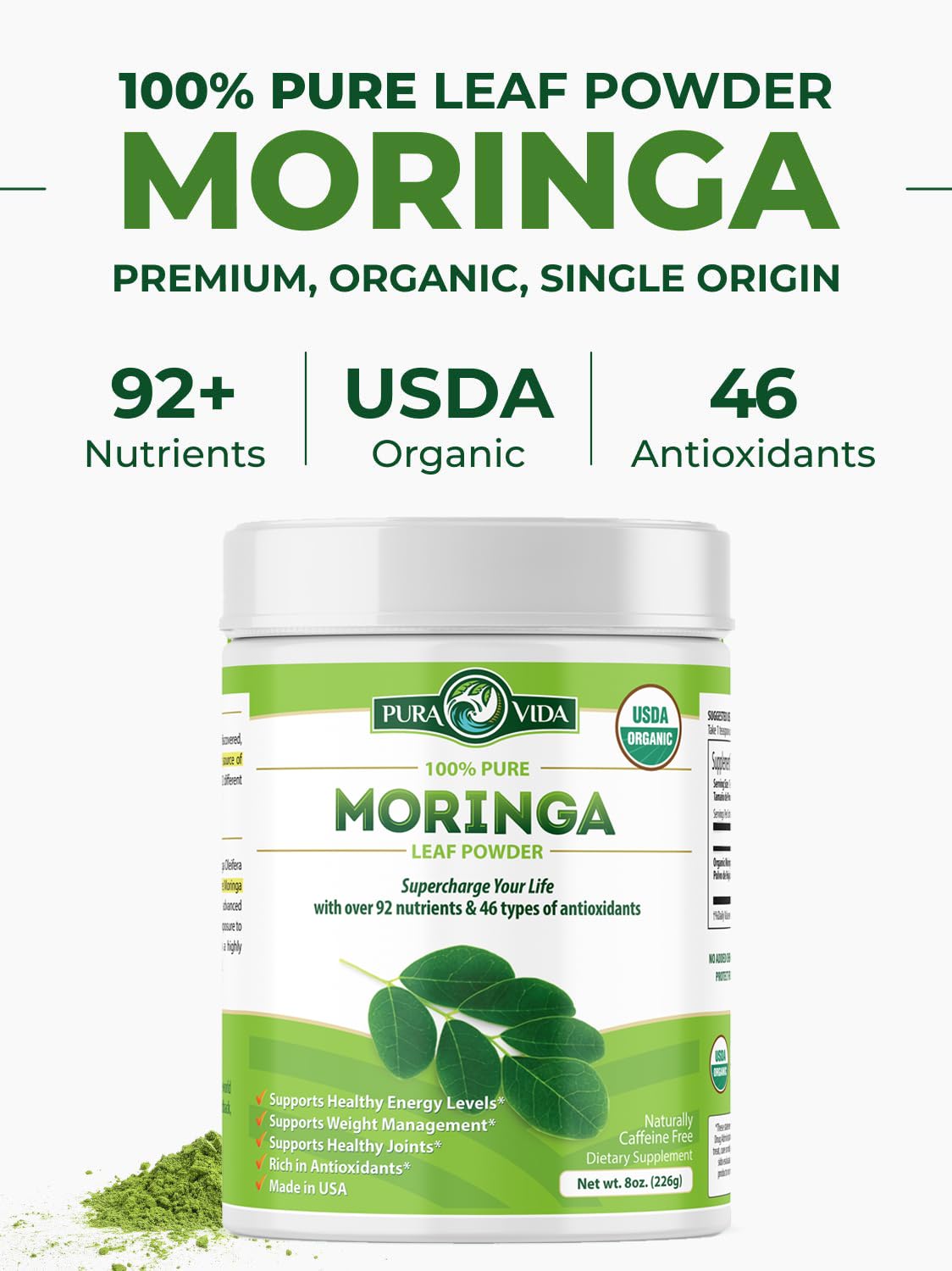 PURA VIDA MORINGA Organic Moringa Leaf Powder, Premium 100% Leaf Powder Single Origin - USDA Organic Moringa Oleifera, Perfect for Smoothies & Recipes, 8 oz