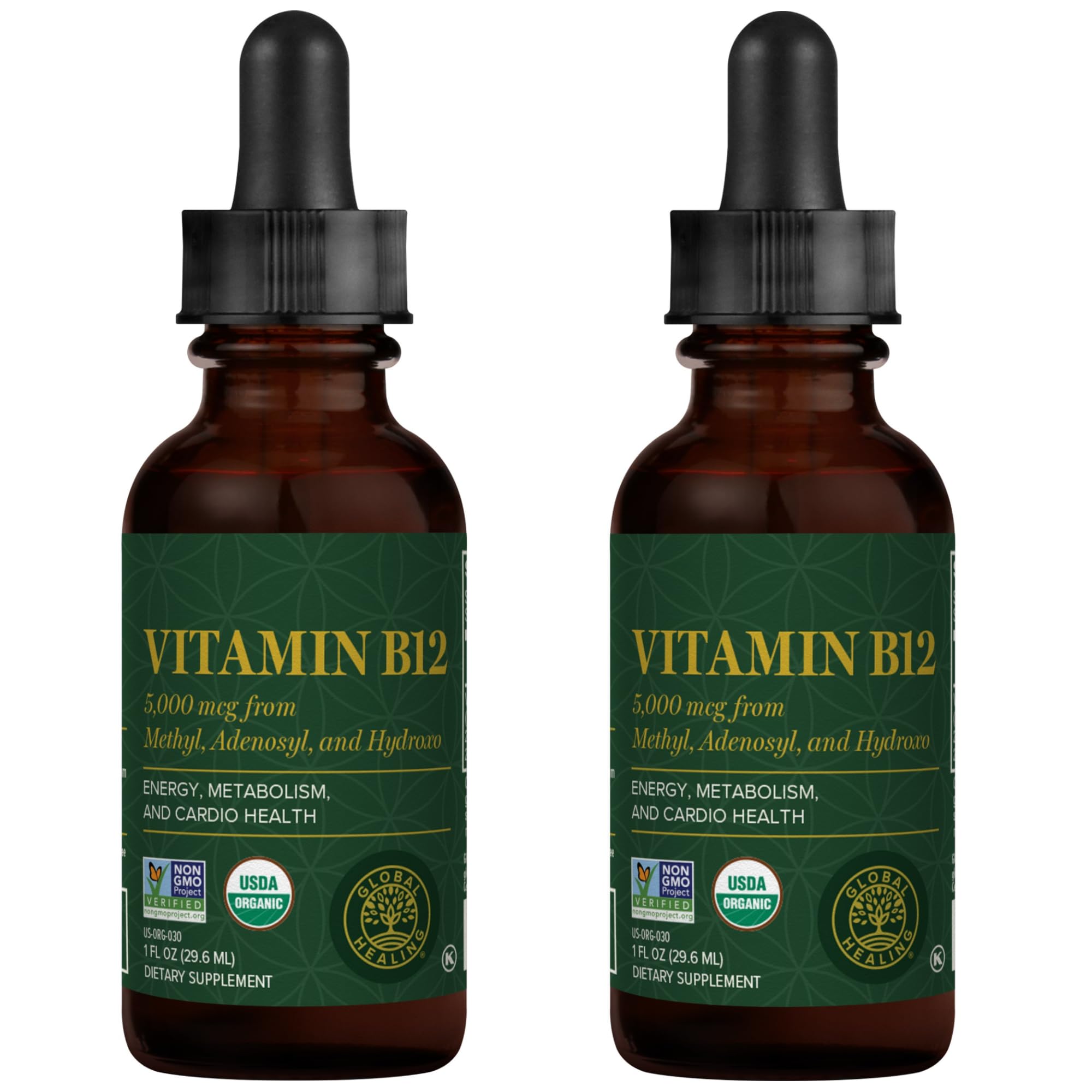 Global Healing Center - Vitamin B12 5000 mcg, Organic Sublingual Liquid Drops | 3-in-1 Methylcobalamin, Adenosylcobalamin, Hydroxo Blend, 1 Fl Oz (2-Pack)