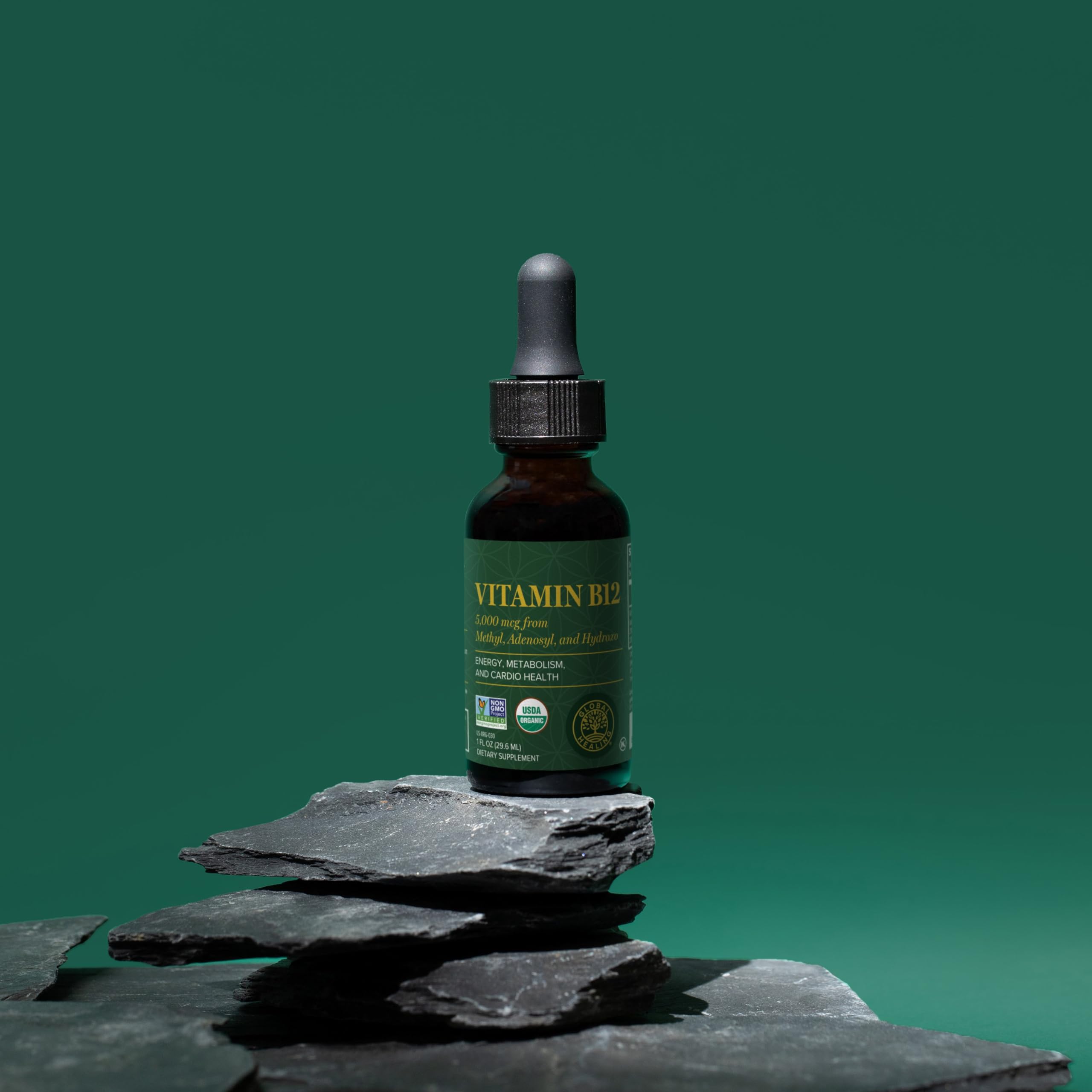 Global Healing Center - Vitamin B12 5000 mcg, Organic Sublingual Liquid Drops | 3-in-1 Methylcobalamin, Adenosylcobalamin, Hydroxo Blend, 1 Fl Oz (2-Pack)