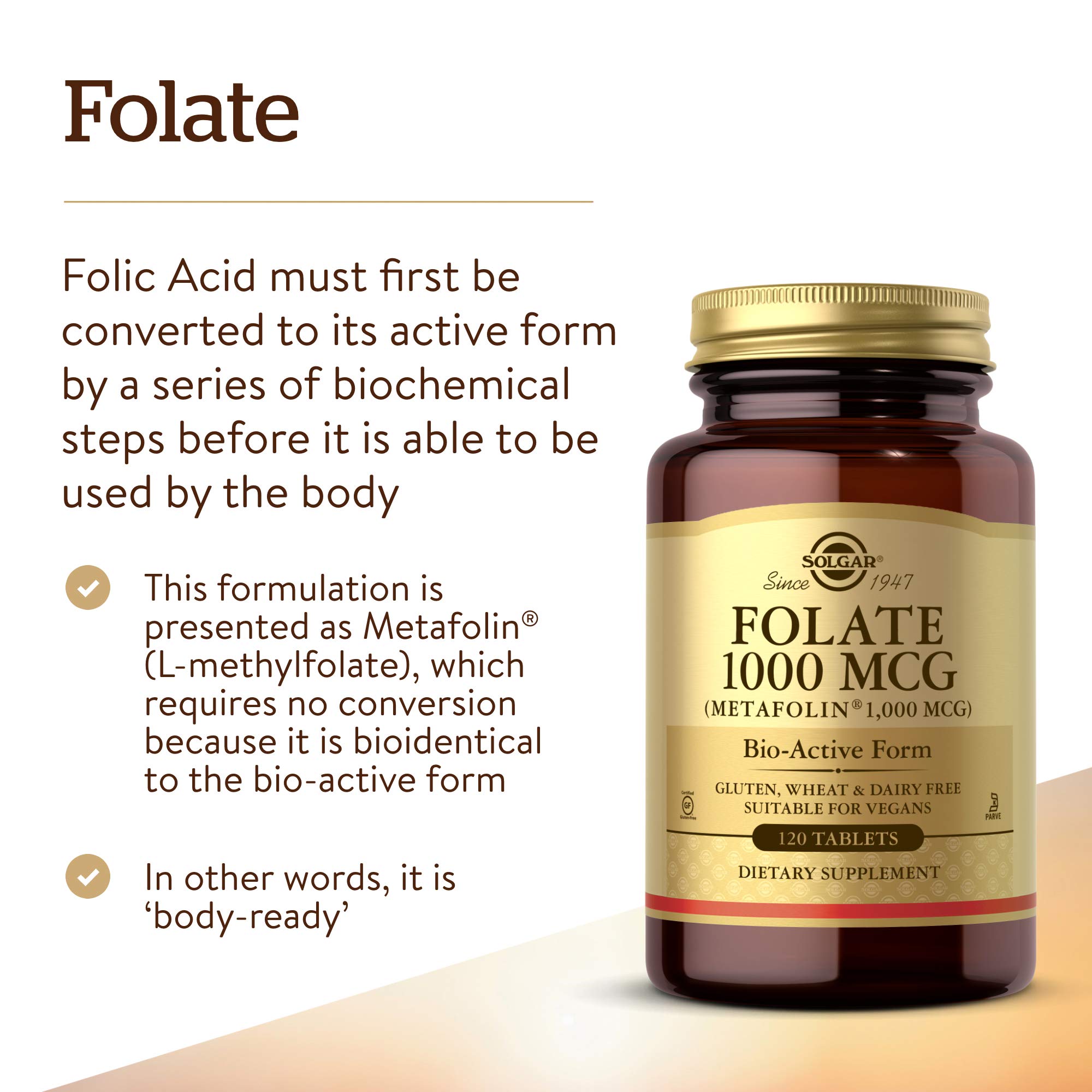 Solgar Folate 1000 mcg, 120 Tablets - 1000 mcg Bio-active Metafolin - Vegan, Gluten Free, Dairy Free, Kosher - 120 Servings