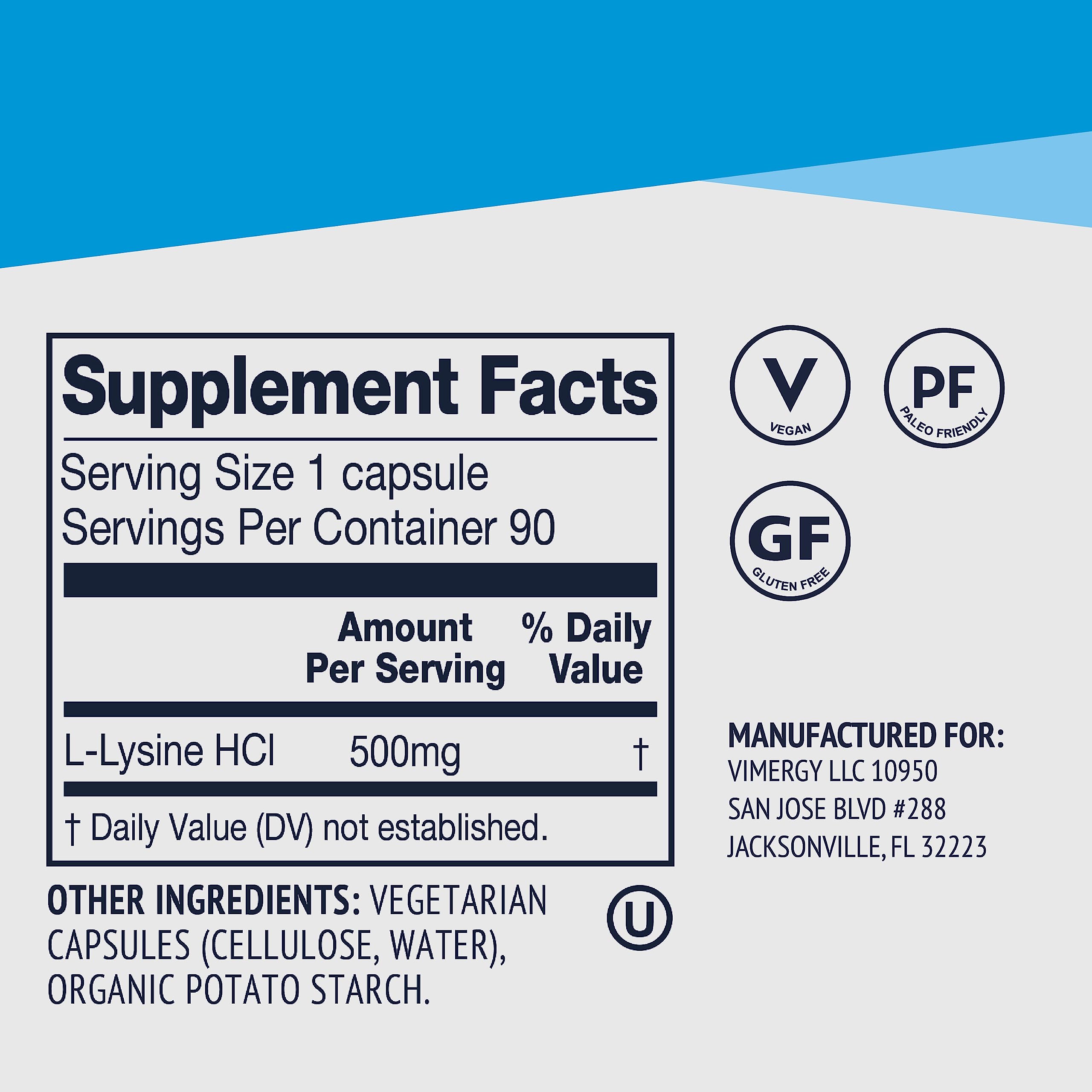 Vimergy L-Lysine – Promotes Healthy Skin, Hair & Nails* – Supports Healthy Metabolism* – Vegan, Non-GMO & Gluten-Free – 90 Capsules