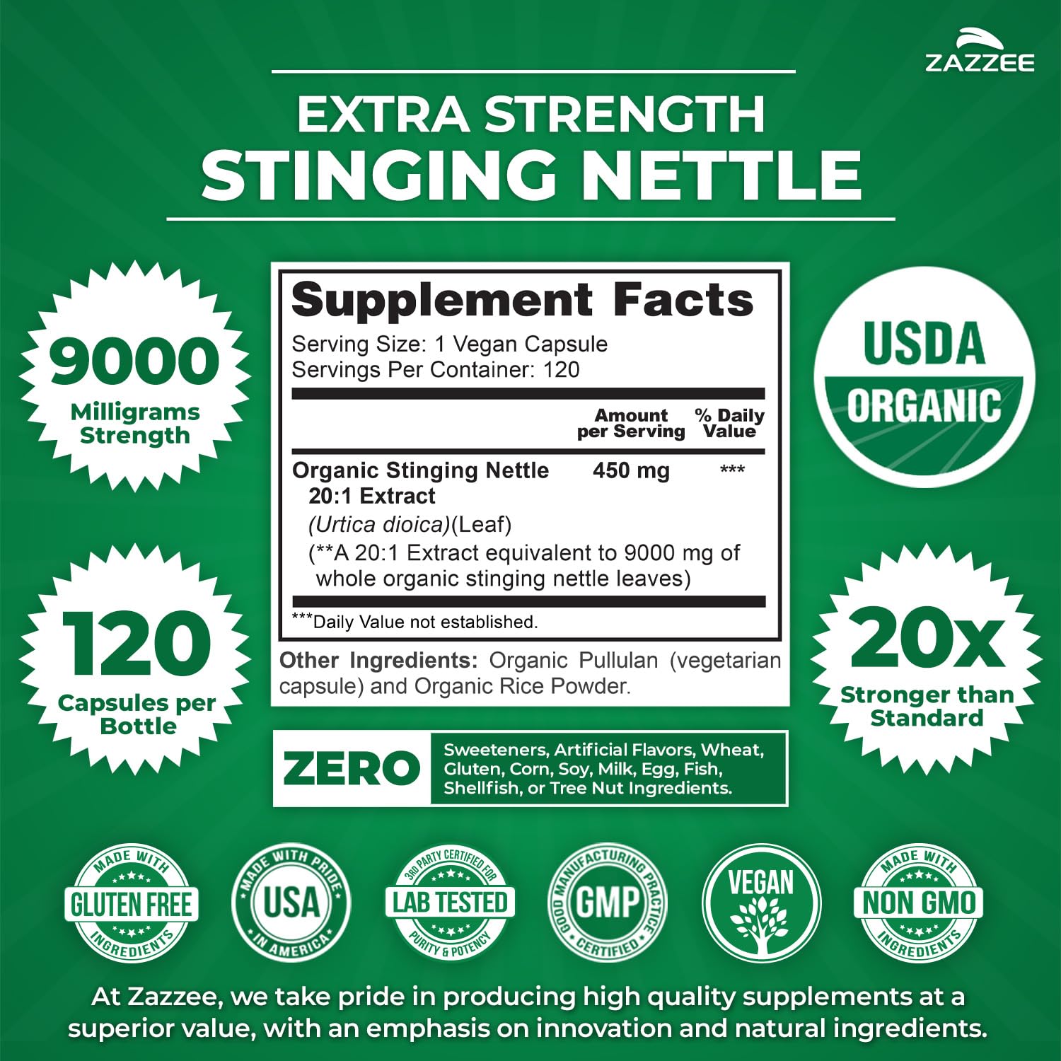 Zazzee USDA Organic Stinging Nettle 20:1 Extract, 9000 mg Strength, 120 Vegan Capsules, 4 Month Supply, Concentrated, Standardized 20X Extract, Certified Organic, 100% Vegetarian, All-Natural, Non-GMO