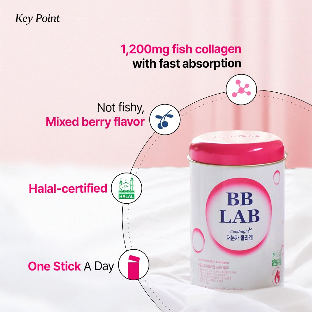 BB LAB Good Night Low Molecular Collagen Powder Stick Supplement, Halal Certified, Korean Marine Collagen, Fish Collagen Peptides, Vitamin C, Glycine, Fast Absorption, Mix Berry Flavor