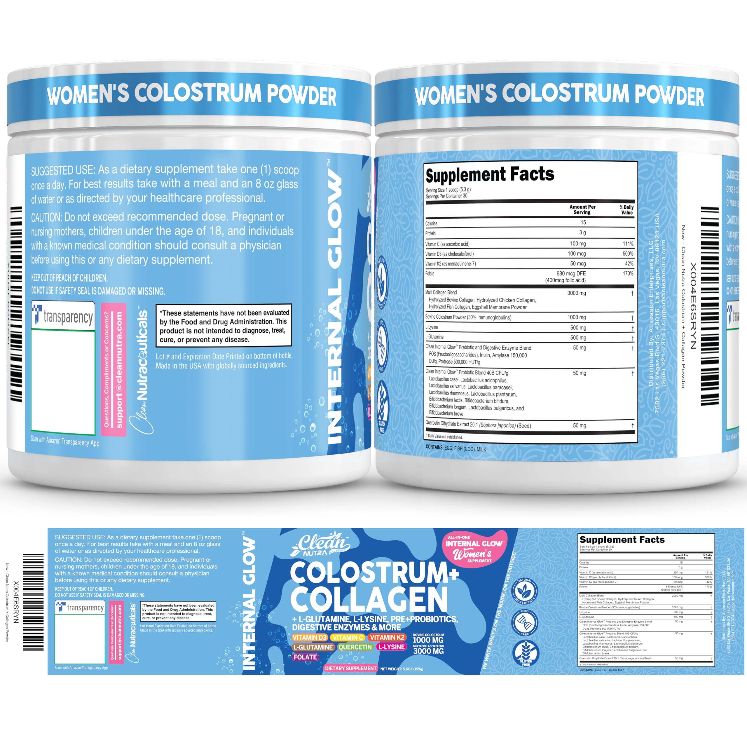 Bovine Colostrum Powder + Collagen Peptides with L-Glutamine L-Lysine Prebiotics Probiotics Digestive Enzymes Vitamin D K2 C Quercetin & Folate | Gut Health Supplement Internal Glow by Clean Nutra