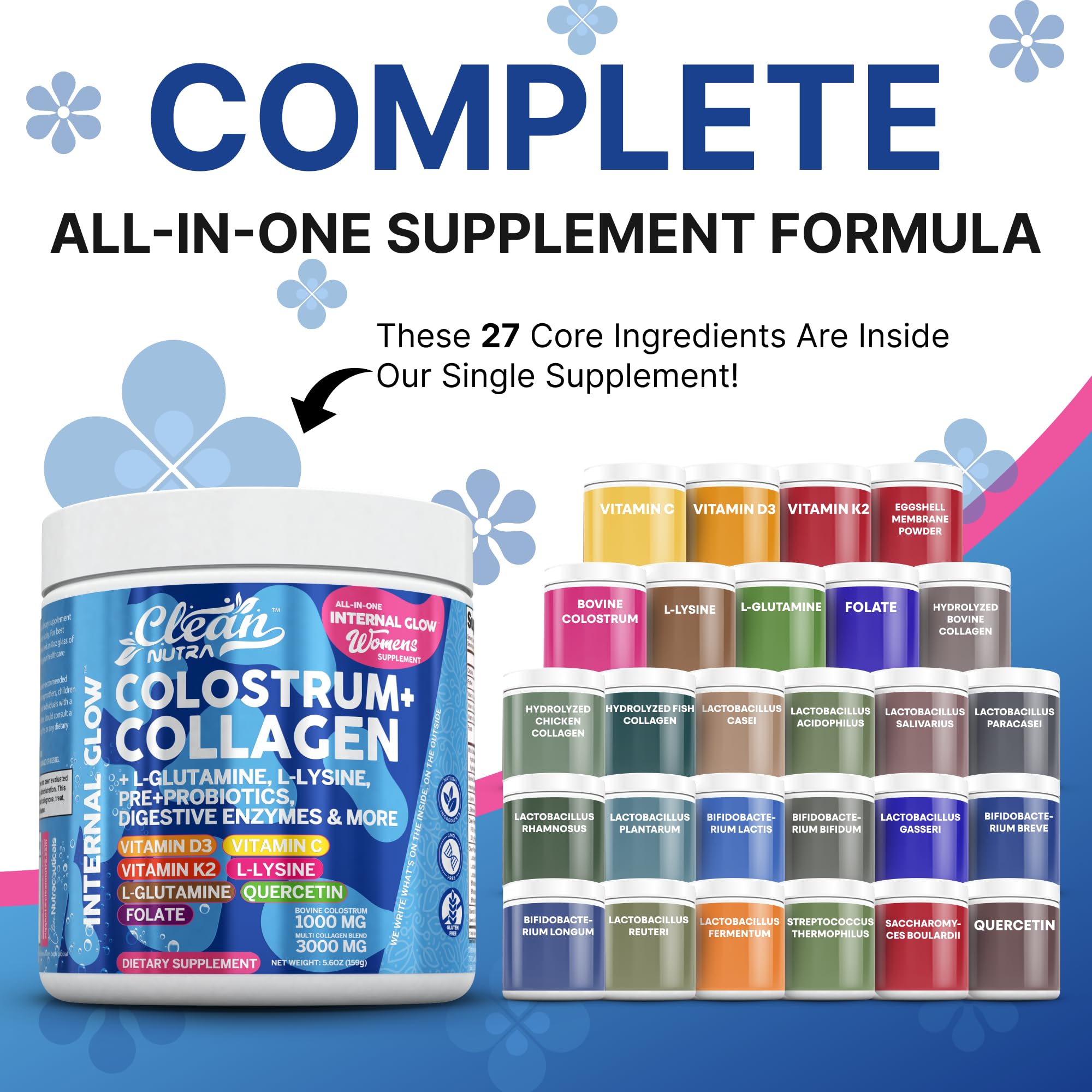 Bovine Colostrum Powder + Collagen Peptides with L-Glutamine L-Lysine Prebiotics Probiotics Digestive Enzymes Vitamin D K2 C Quercetin & Folate | Gut Health Supplement Internal Glow by Clean Nutra